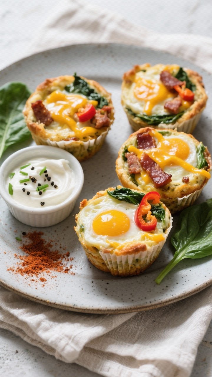 Final plated overhead: Overhead shot of three keto savory breakfast muffins sliced open to reveal te
