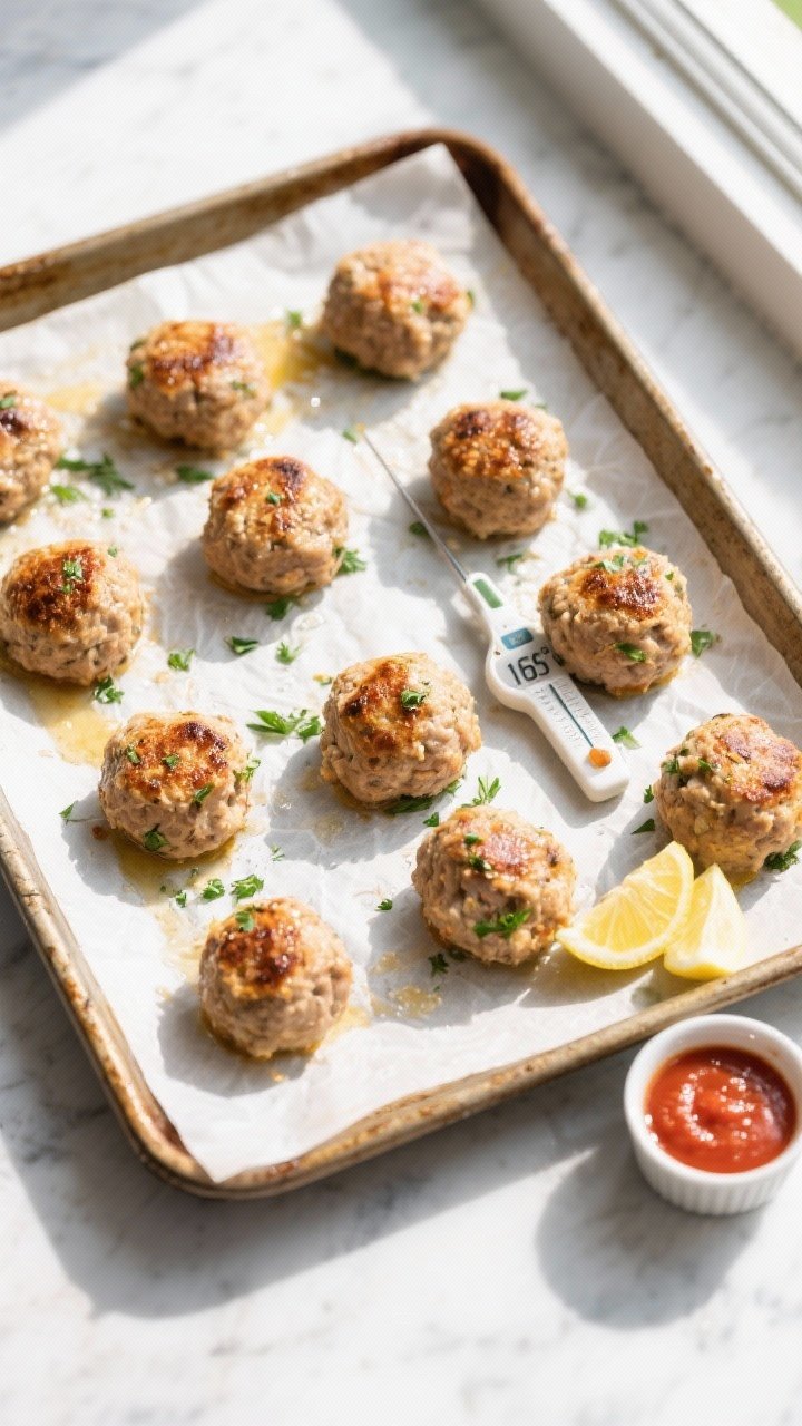 Overhead shot of freshly baked turkey meatballs on a parchment-lined rimmed sheet pan, spaced apart,