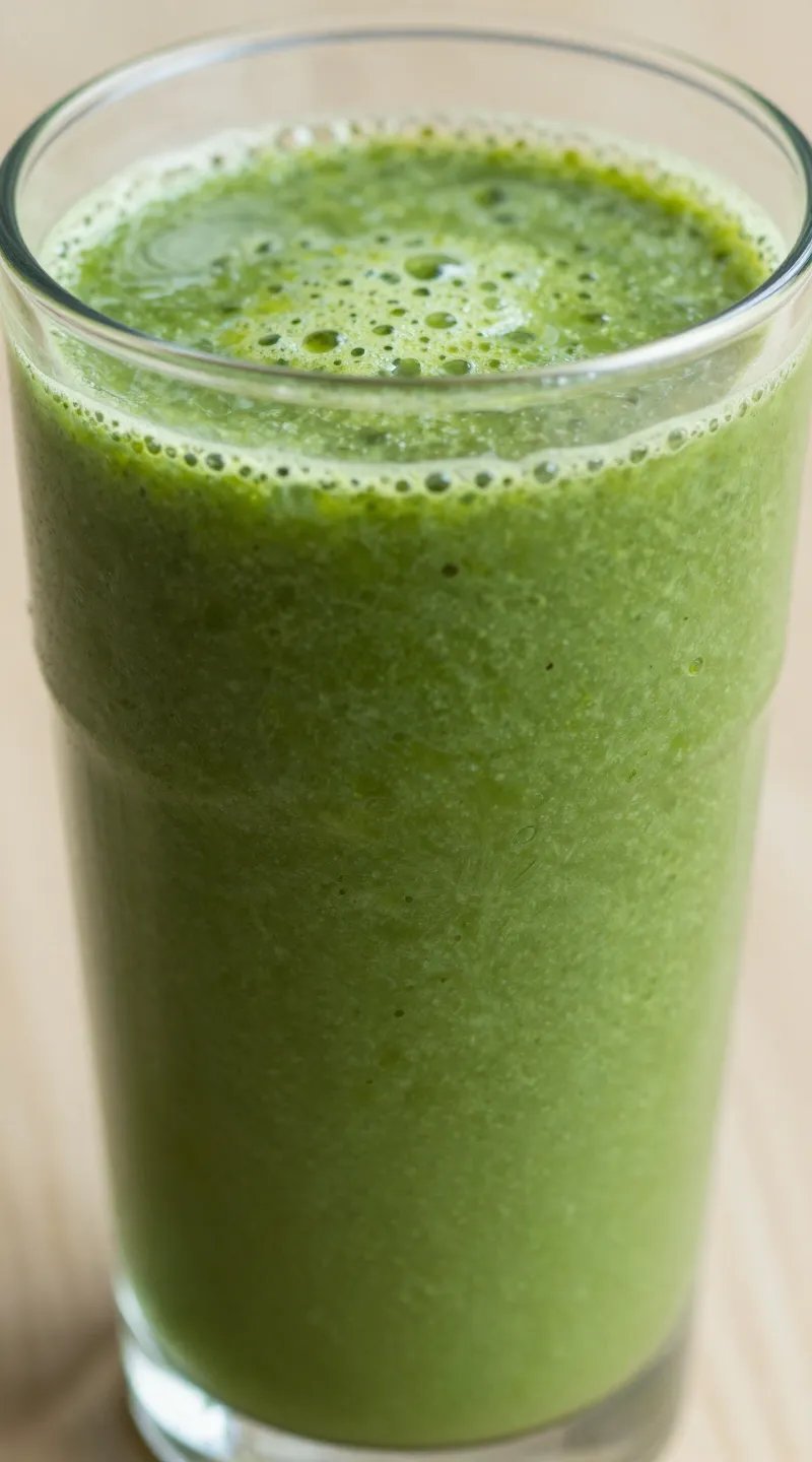 Closeup of vibrant green detox smoothie in clear glass