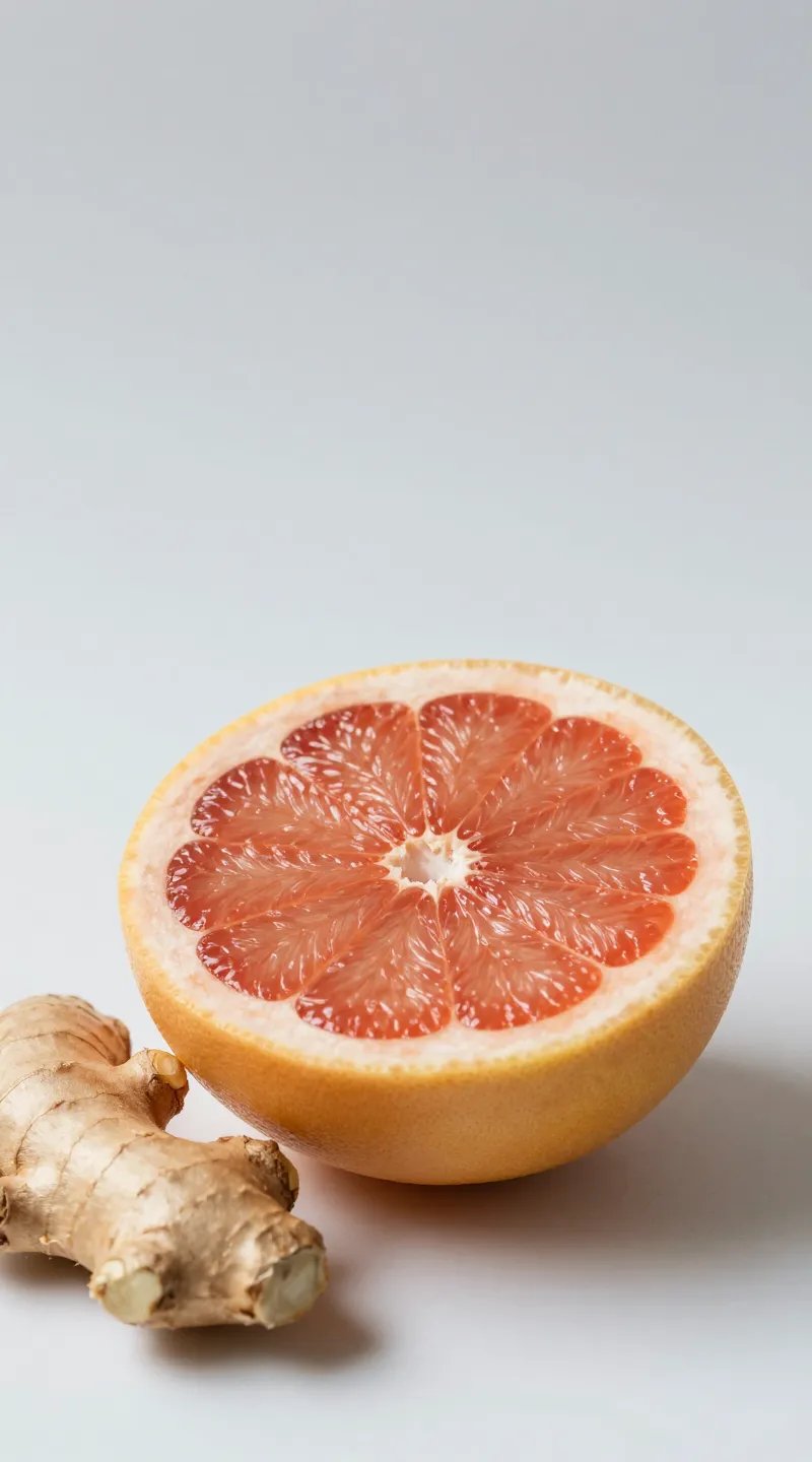 Single halved grapefruit with fresh ginger root, studio lighting
