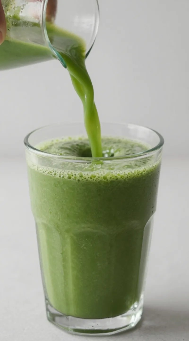 Hand pouring bright green smoothie into frosted glass, macro