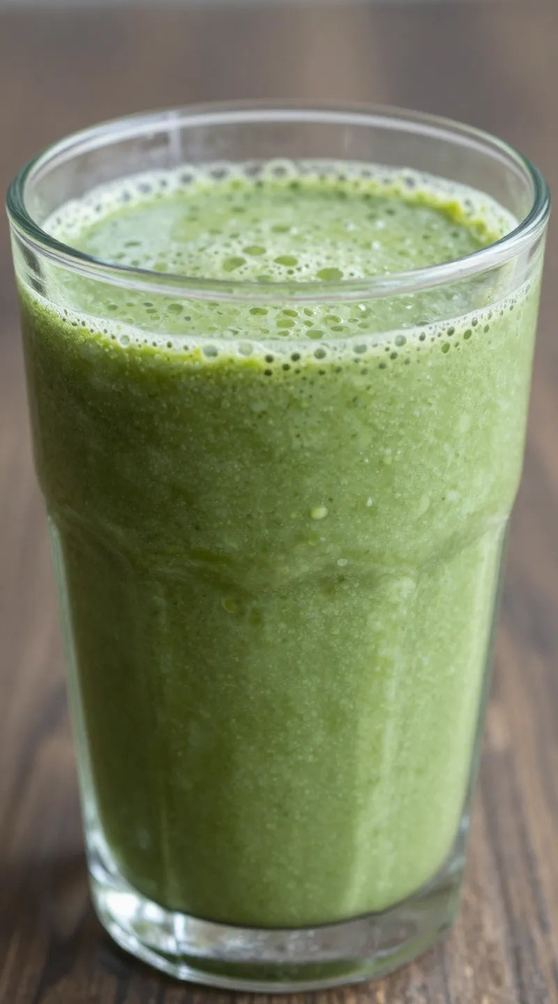 closeup of green anti-bloat smoothie in clear glass