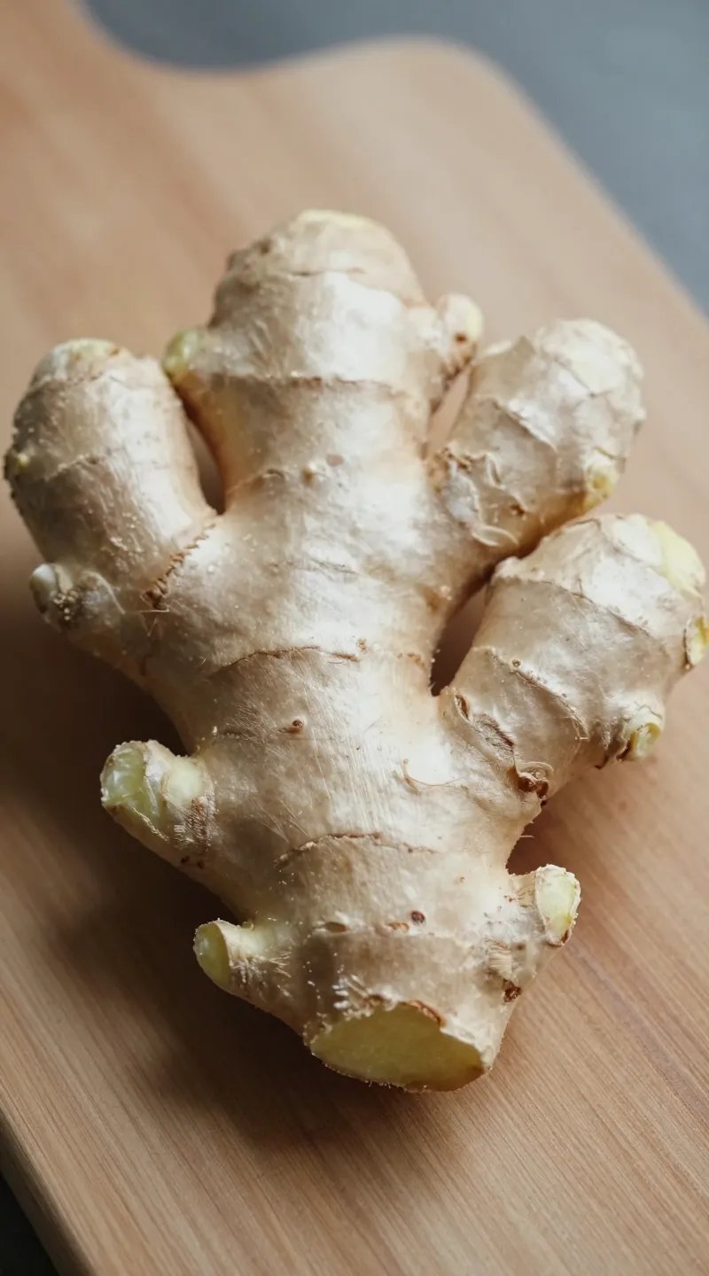 fresh ginger root closeup on wooden cutting board