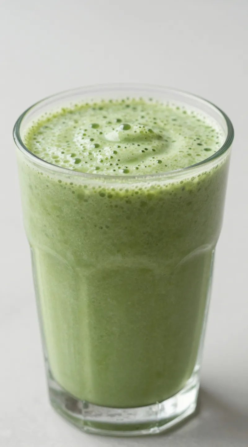 frosty green detox smoothie in clear glass, closeup