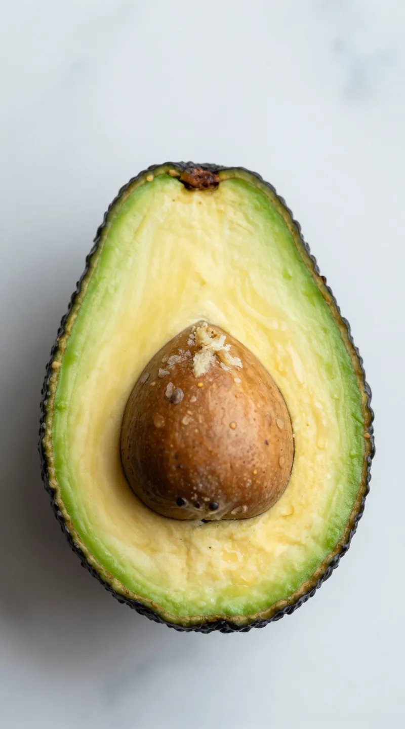 single ripe avocado half on marble countertop, closeup