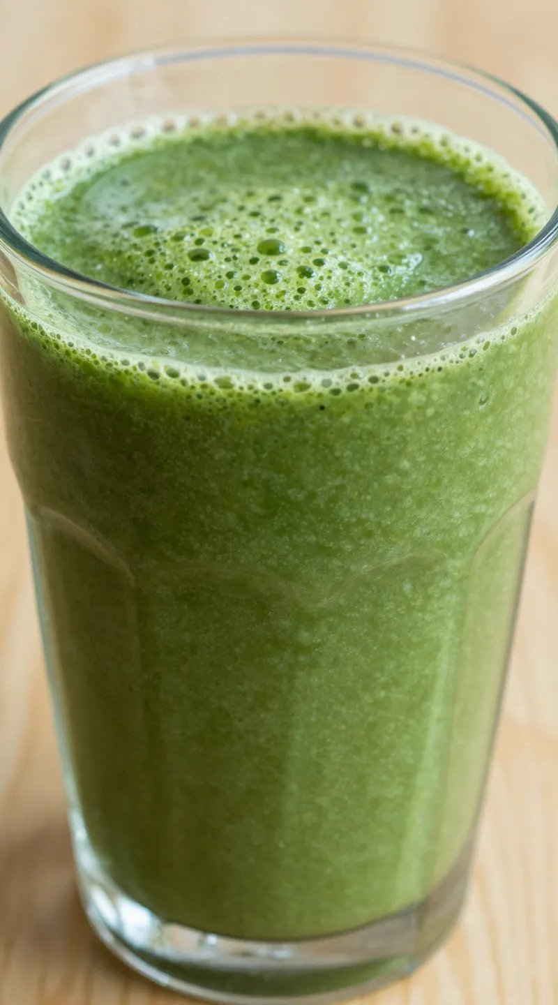 closeup green detox smoothie in clear glass, natural light