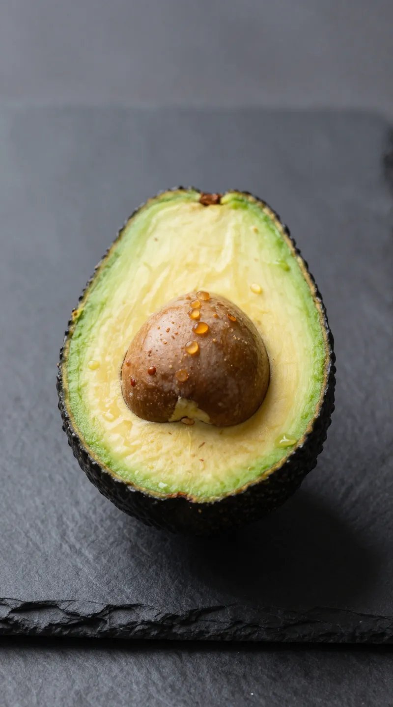 single ripe avocado half on slate board, studio lighting