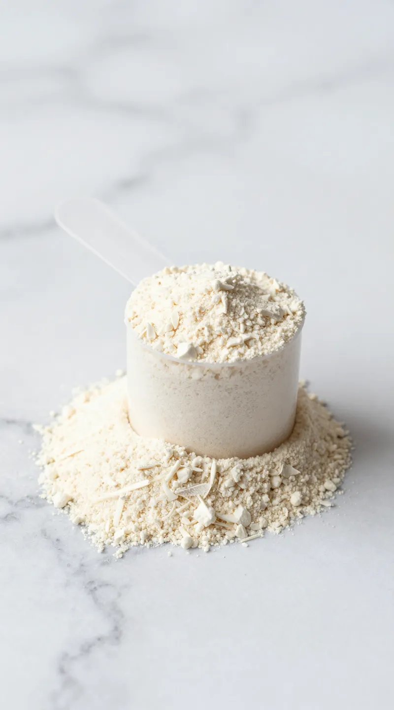 vanilla protein powder scoop on white marble, macro shot