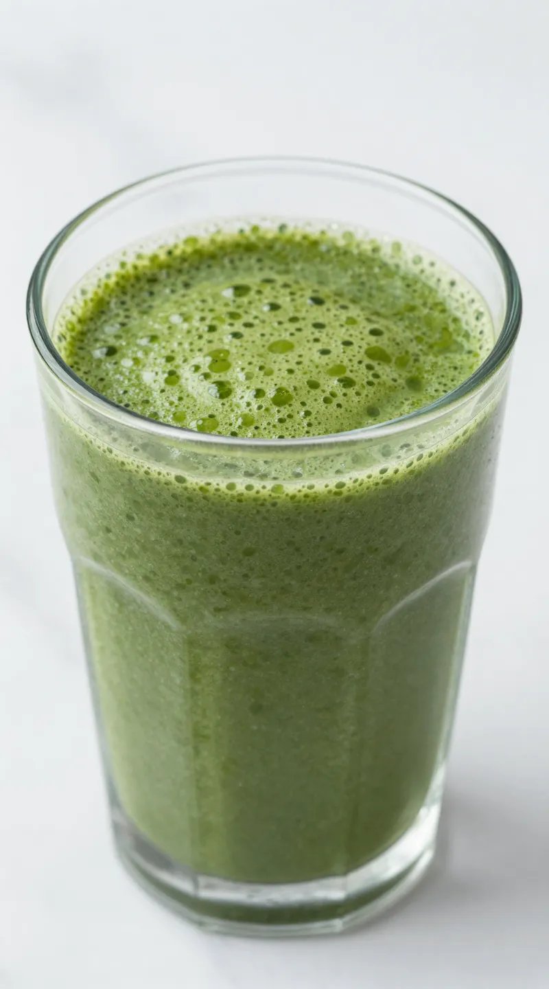 closeup green detox smoothie in clear glass, marble background