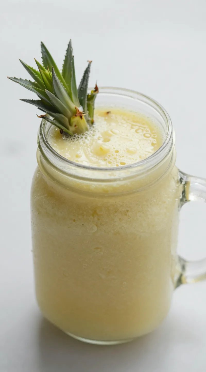overhead kale, pineapple, and ginger smoothie in single mason jar
