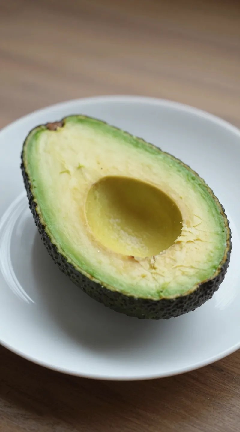 sliced avocado half on white plate, soft natural light
