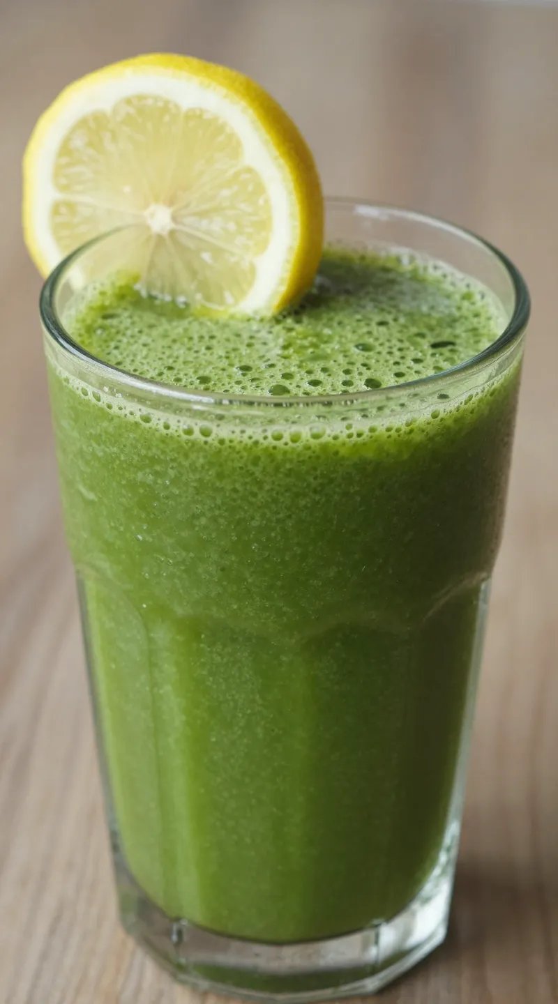 closeup glass of green detox smoothie with lemon slice