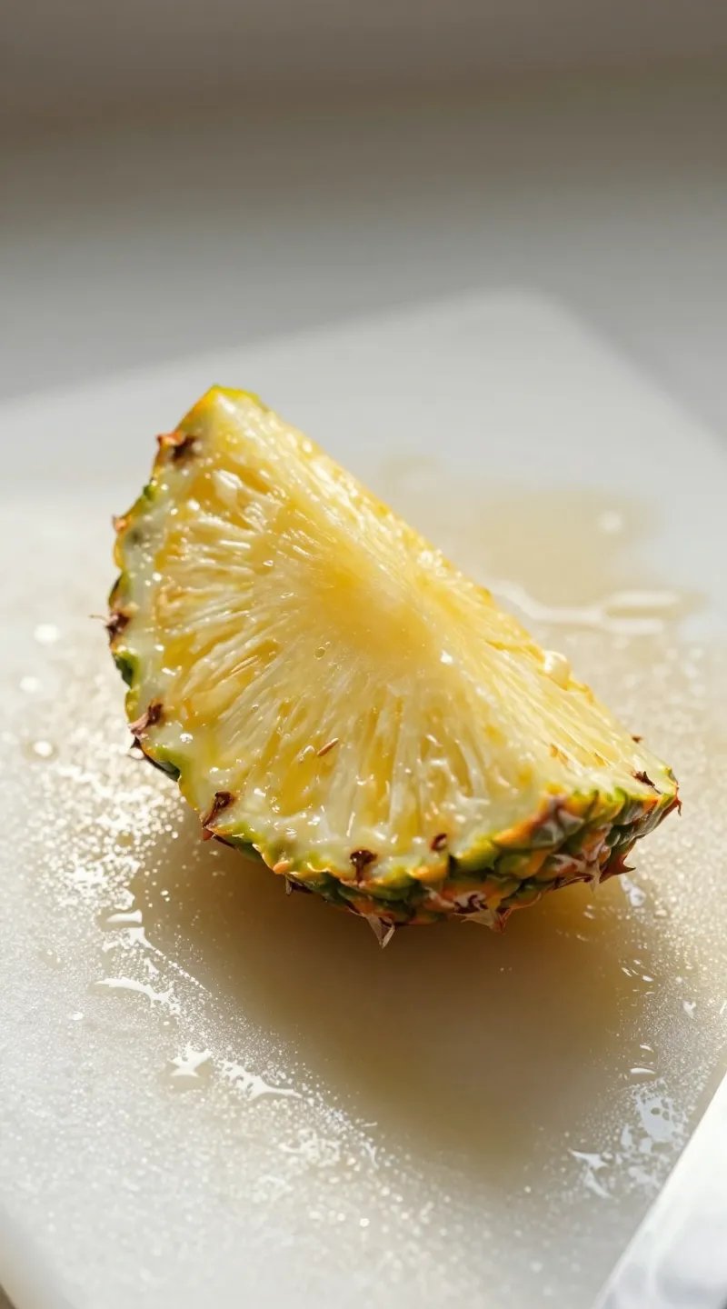 single pineapple wedge on wet cutting board, morning light