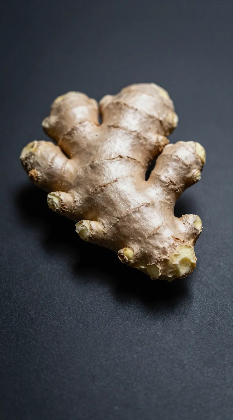 fresh ginger knob macro on matte black surface