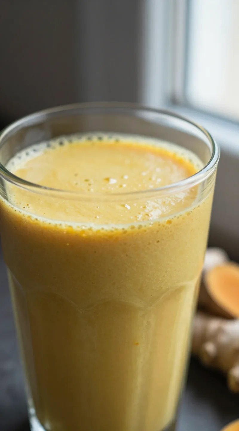 Closeup turmeric ginger smoothie in clear glass, soft window light