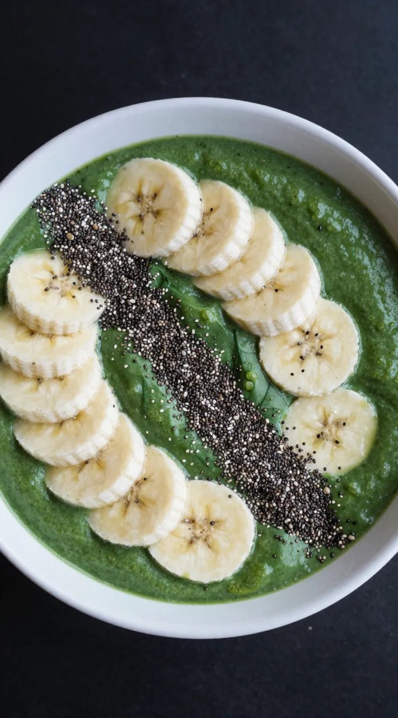 Overhead shot of spinach banana smoothie bowl, chia garnish
