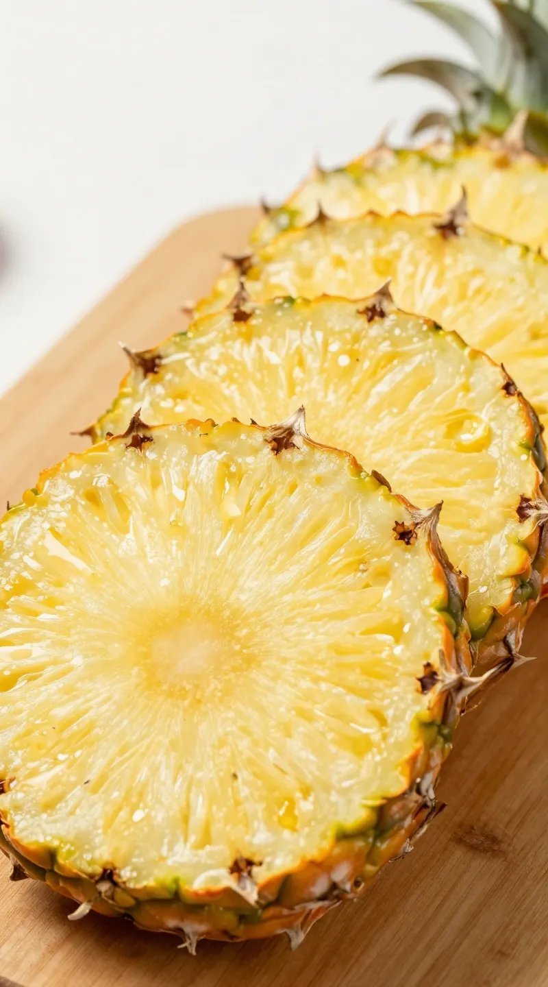 Macro of sliced fresh pineapple on cutting board, studio lighting