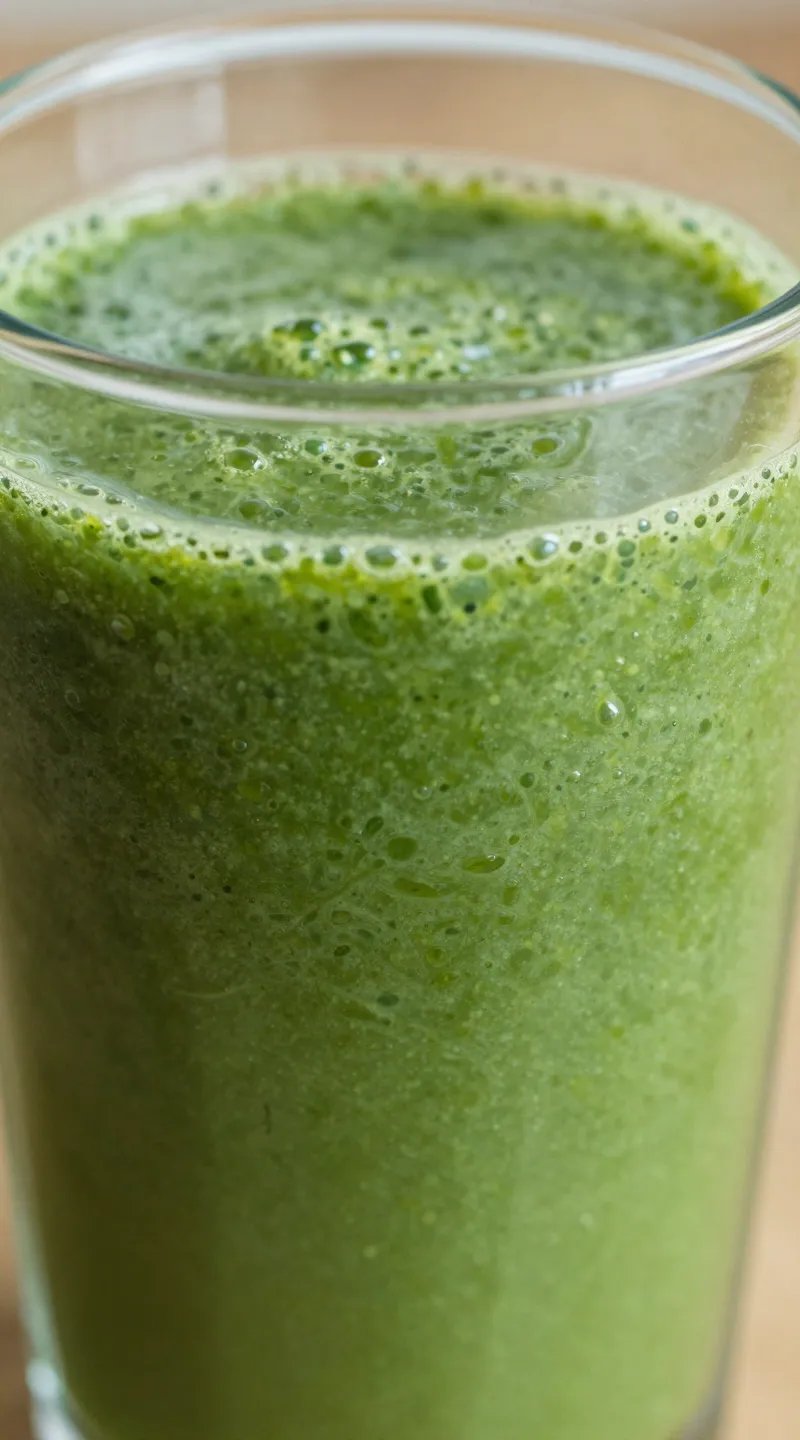closeup of green gut-healing smoothie in clear glass