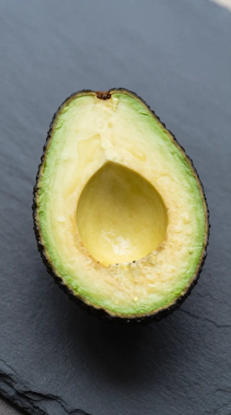 single halved ripe avocado on slate background