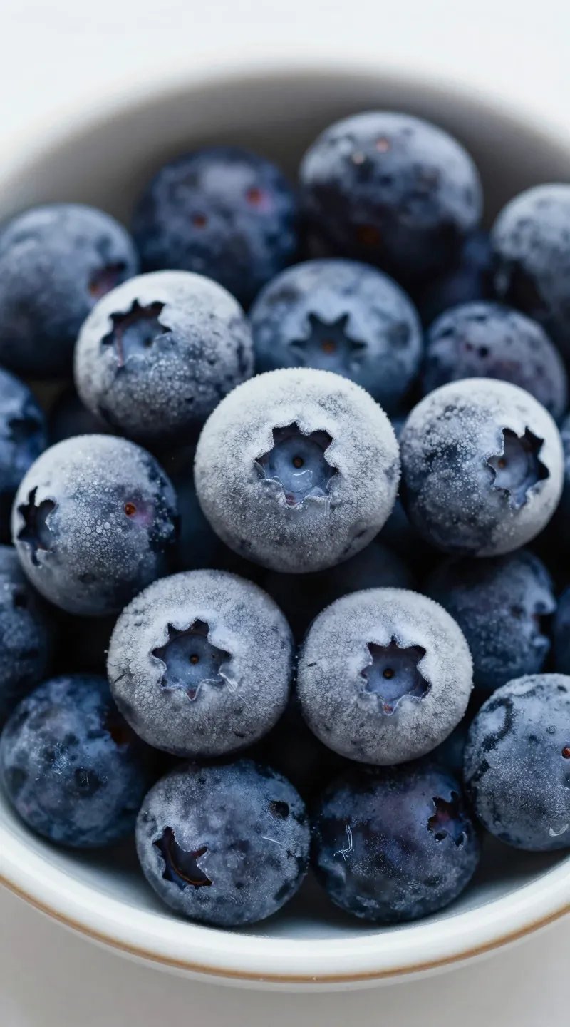 closeup of frozen wild blueberries in small ceramic bowl
