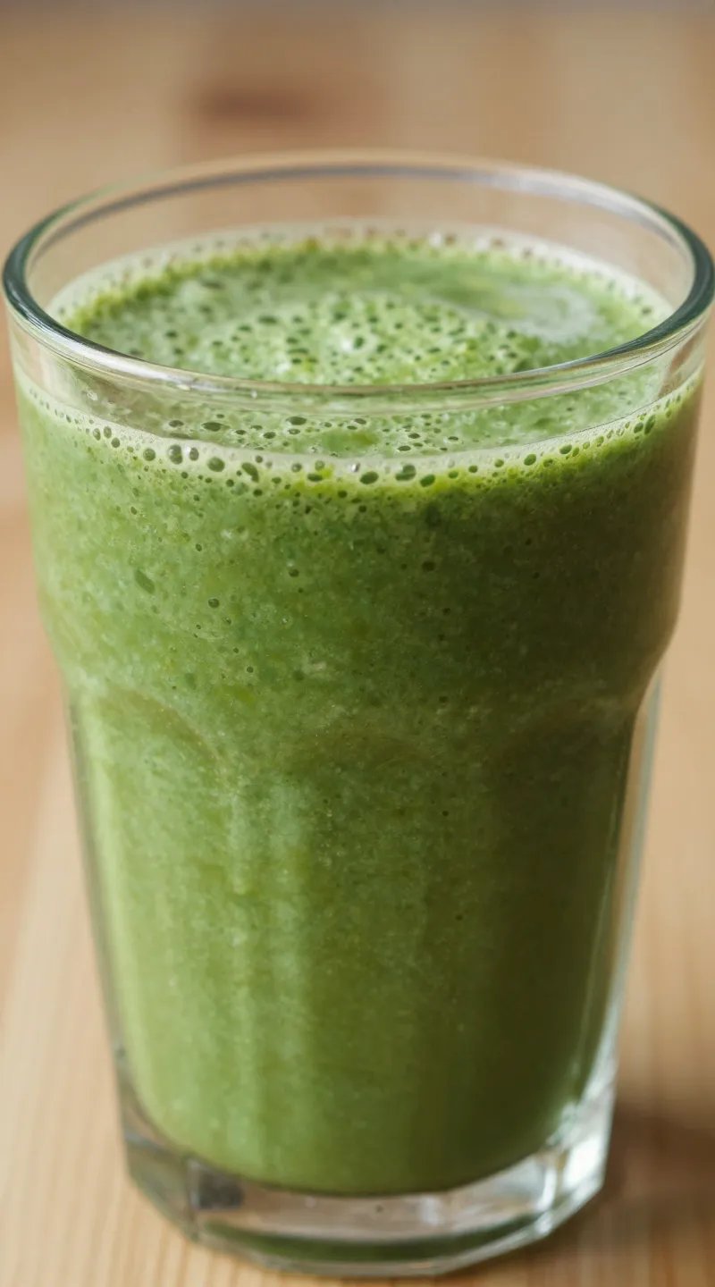 closeup of green detox smoothie in clear glass, soft daylight