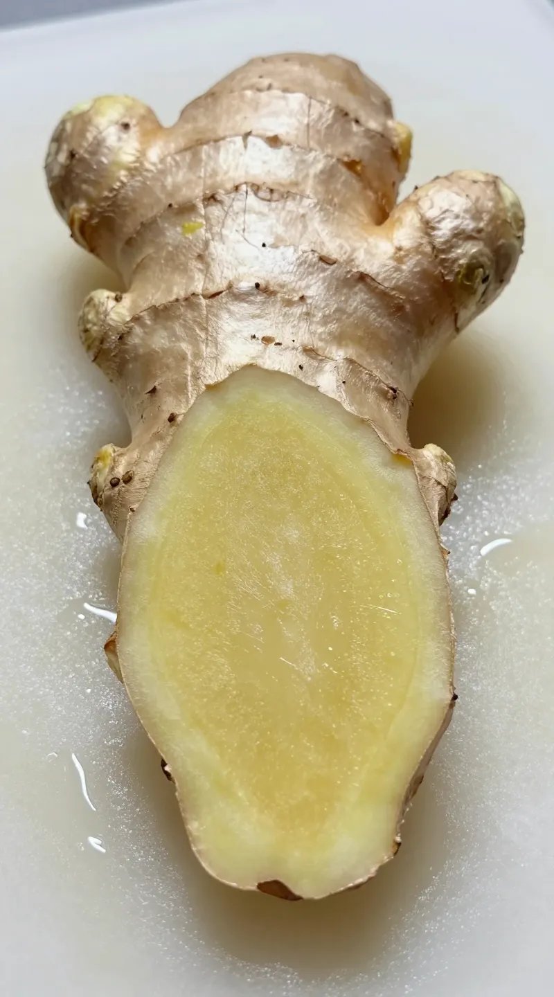 closeup of ginger root slice on wet cutting board