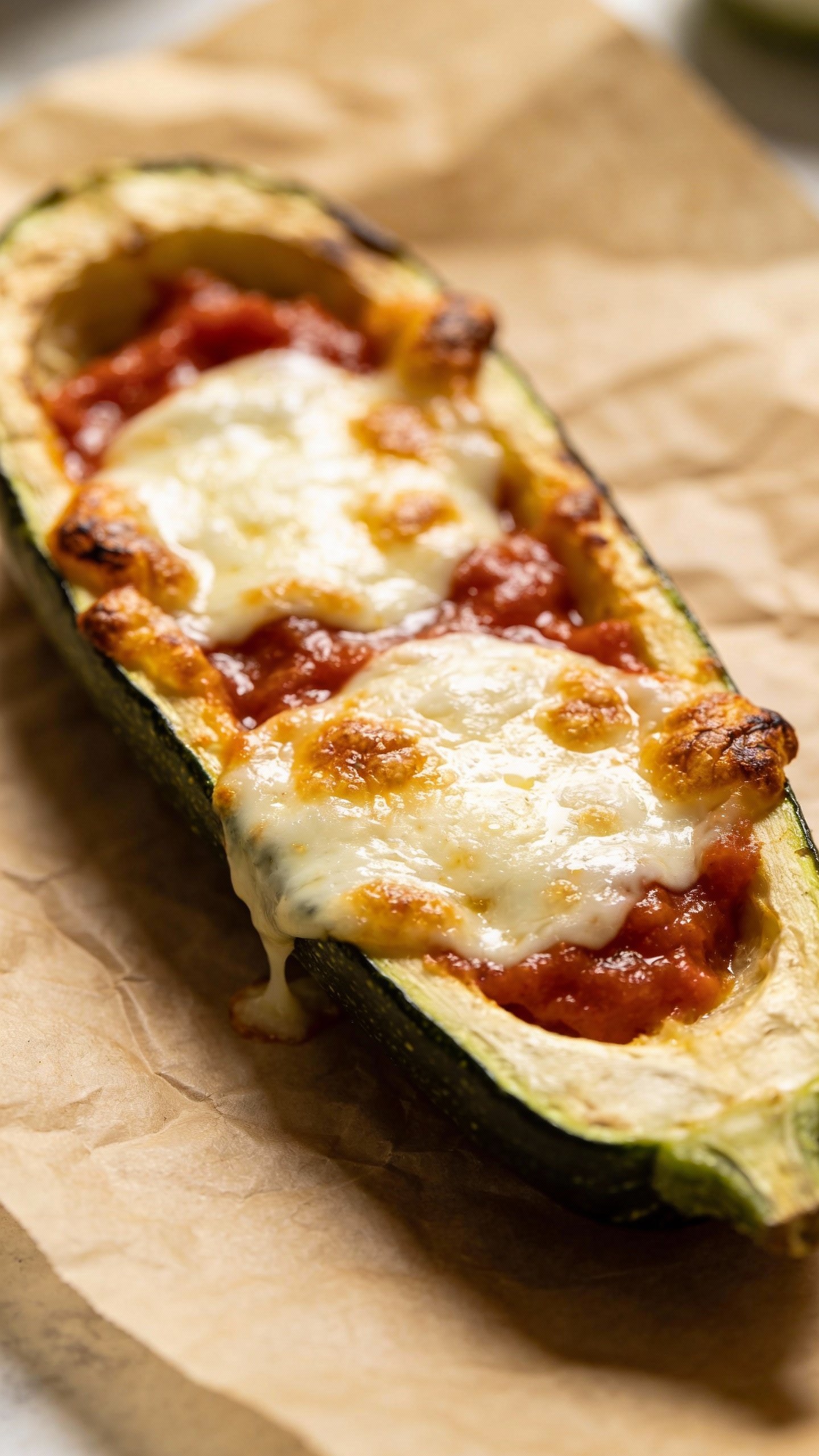 Closeup zucchini pizza boat on parchment, melted mozzarella