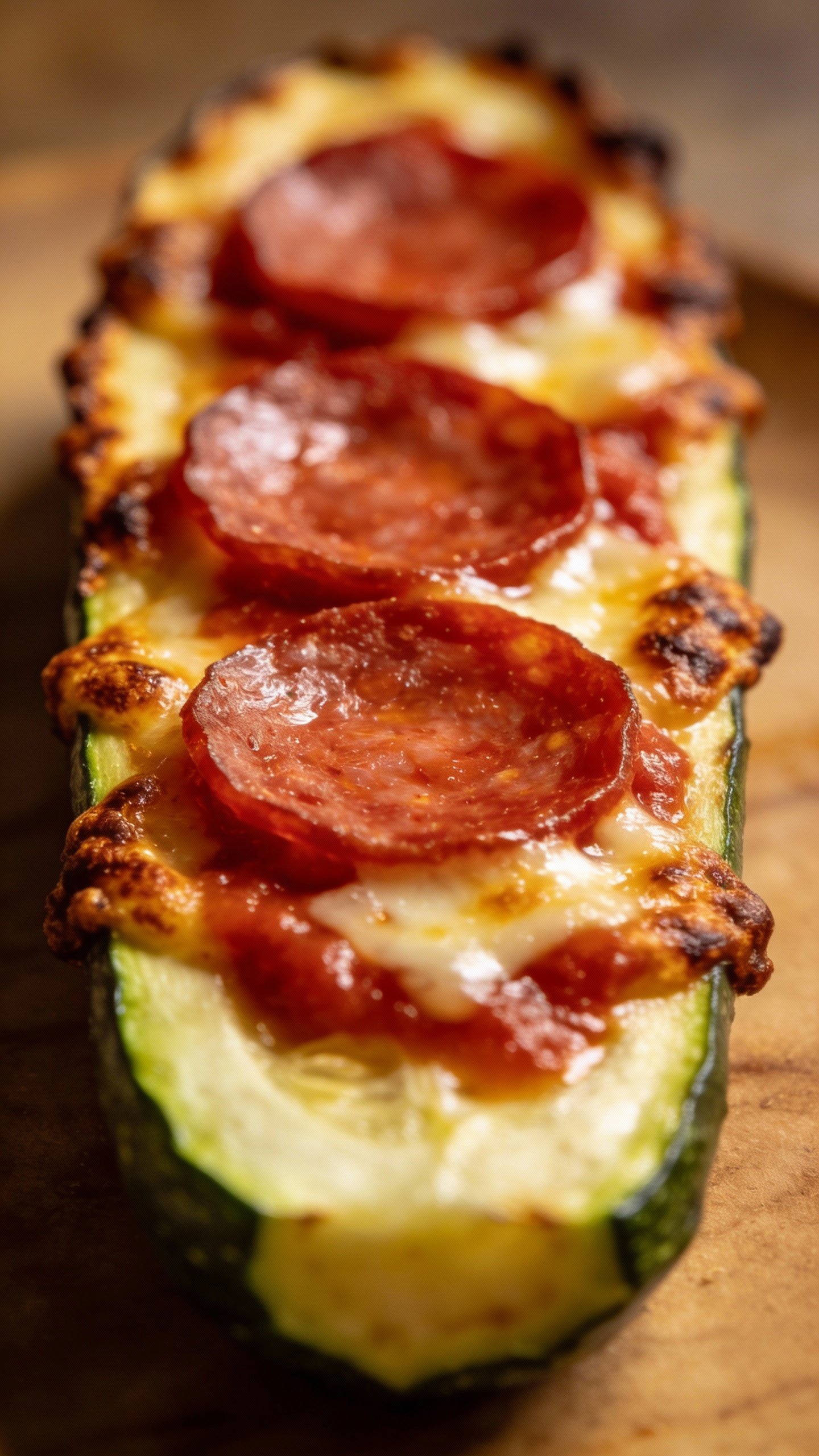 Single zucchini half with pepperoni and sauce, broiled edges