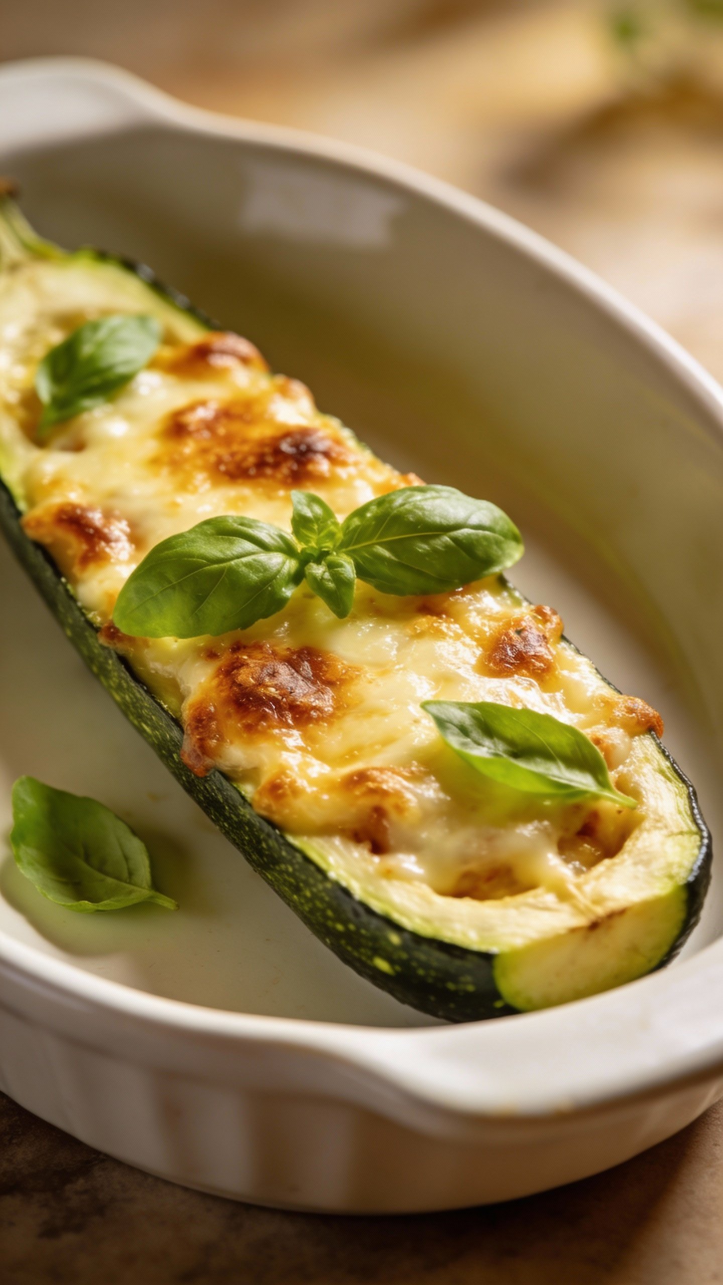 Overhead plated zucchini pizza boat, basil garnish, crisp cheese