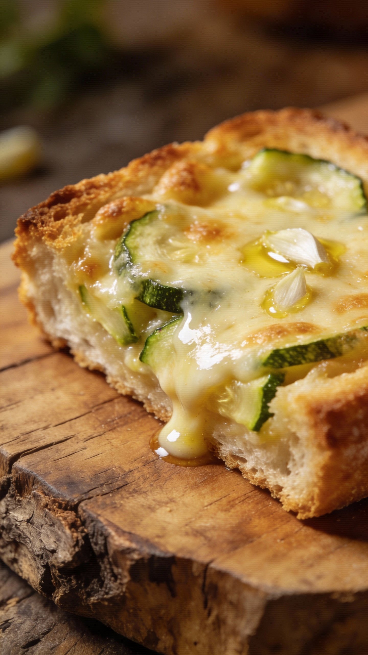 closeup cheesy zucchini garlic bread slice on rustic board