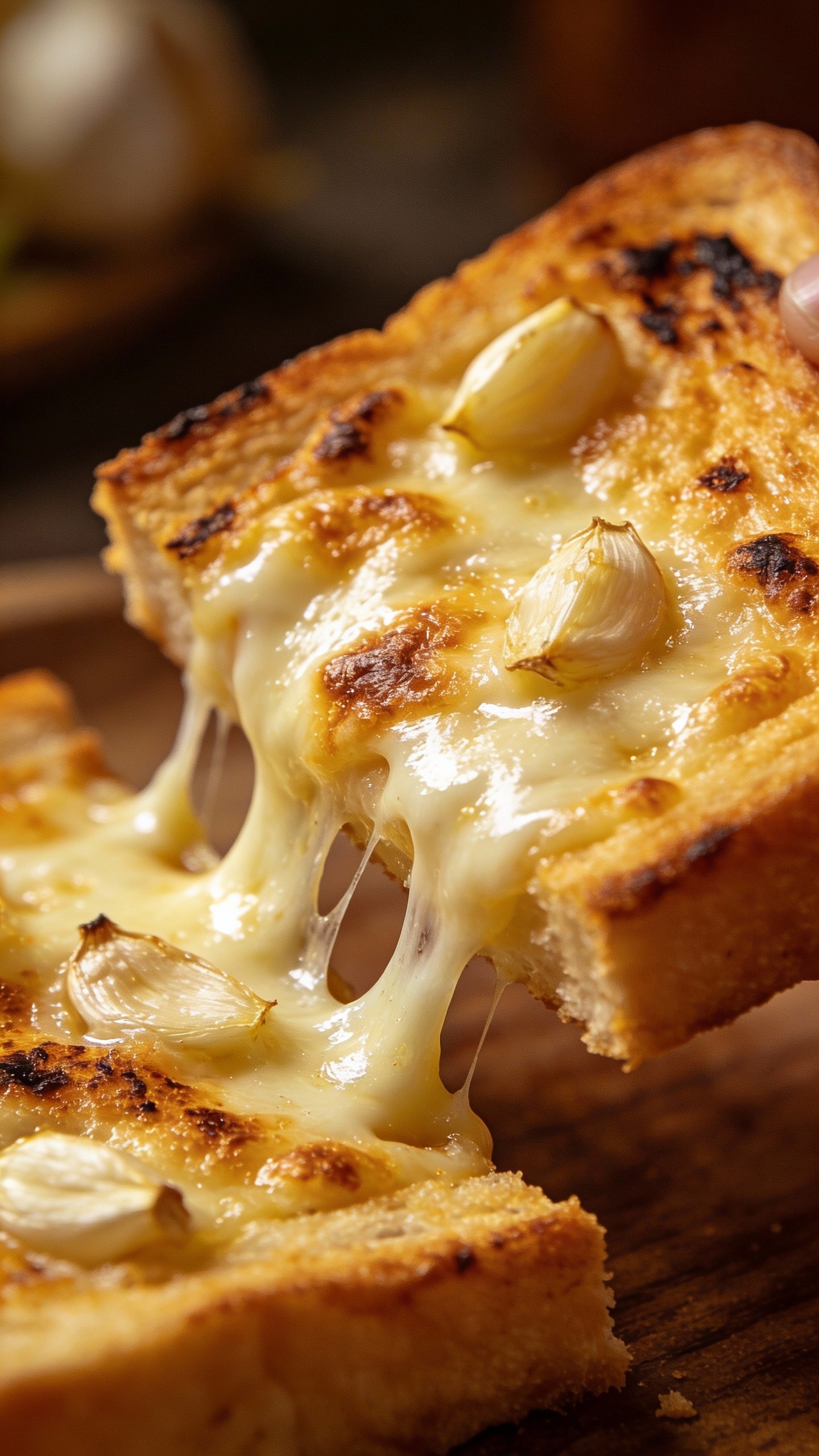 golden broiled garlic bread with melted mozzarella, tight crop