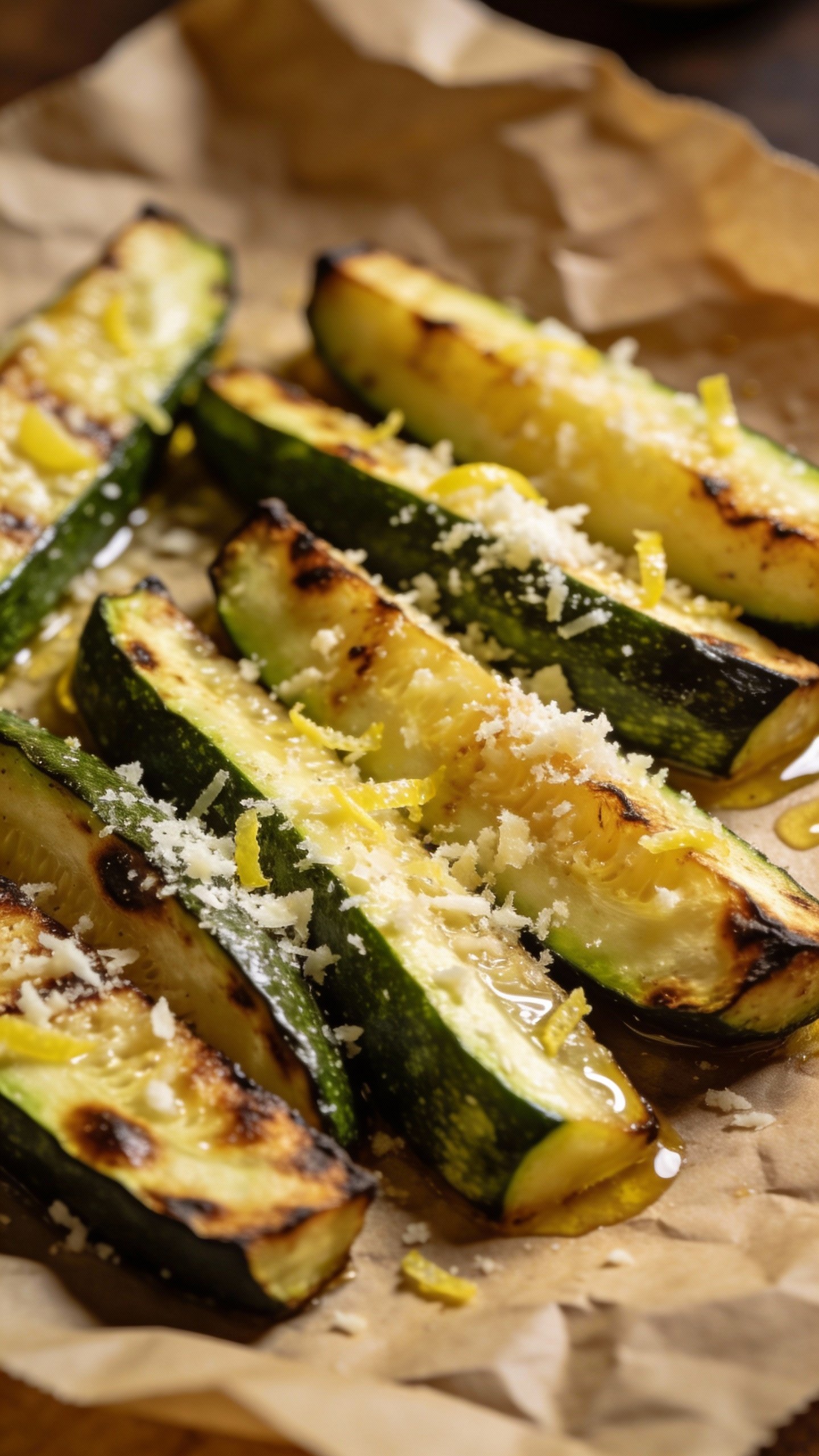 closeup of lemon parmesan roasted zucchini spears on parchment