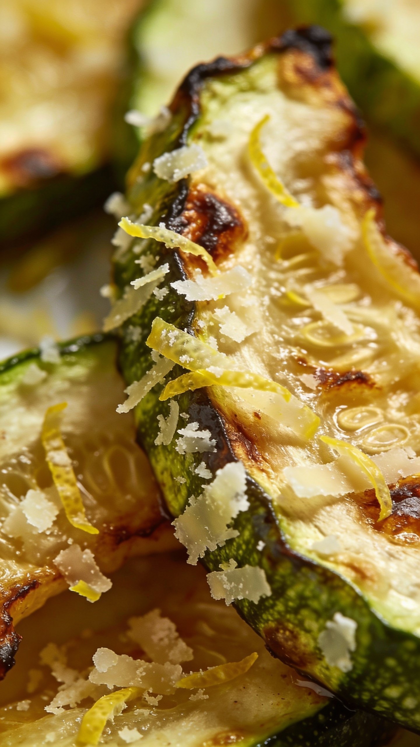 macro of lemon-zested parmesan on roasted zucchini edge