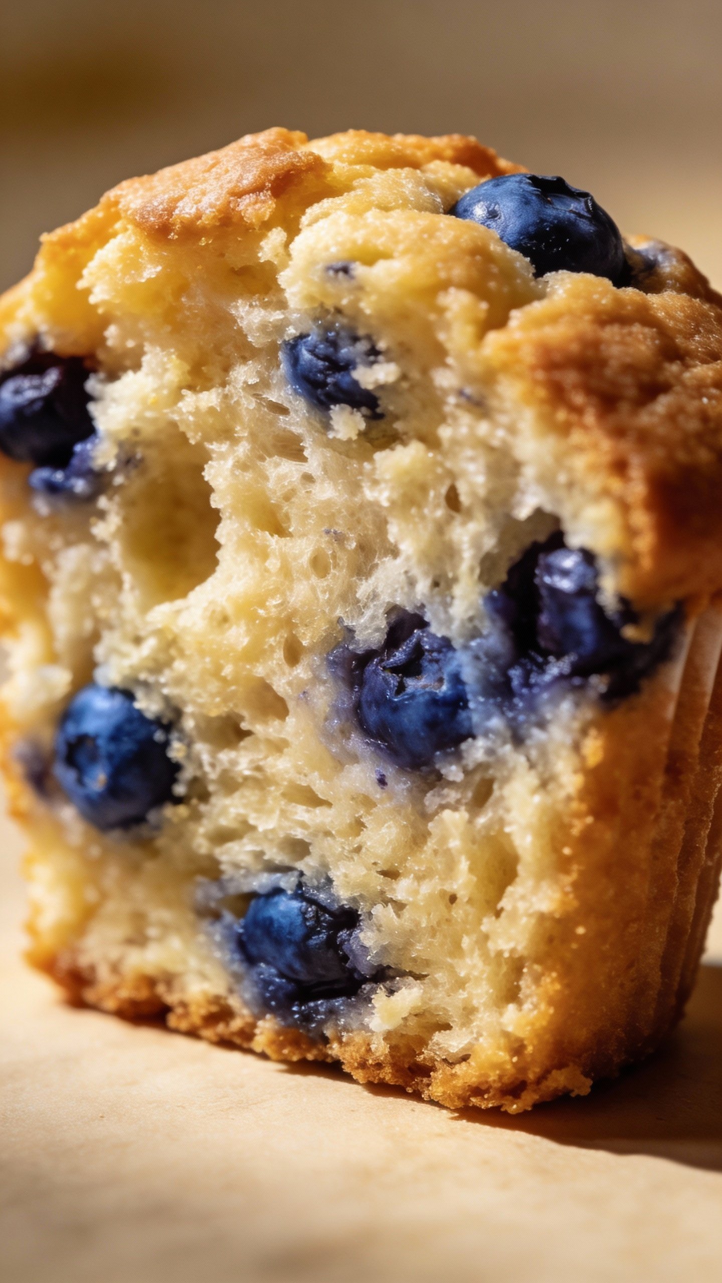 closeup of a single low-sugar blueberry muffin cross-section