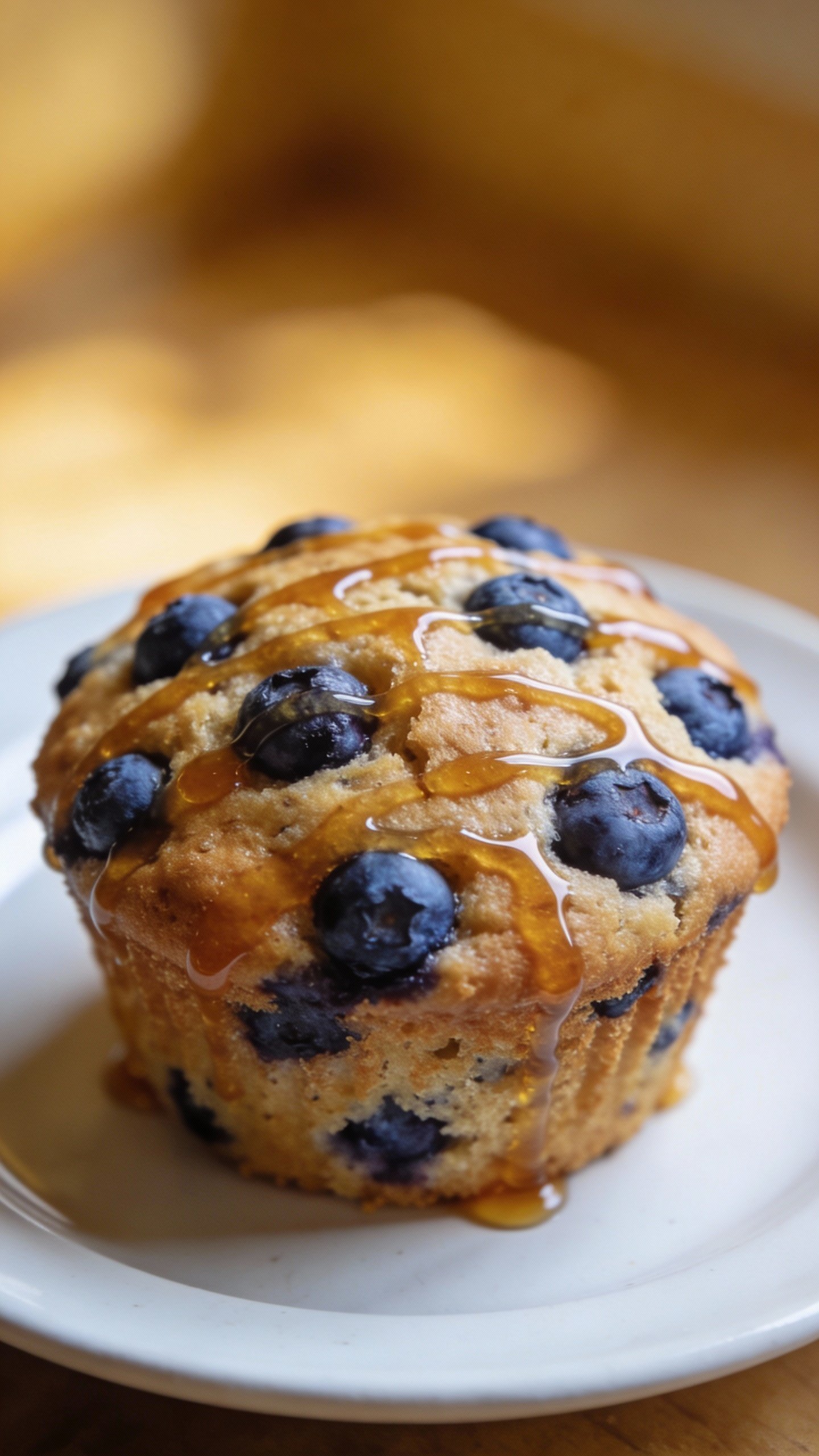 maple-drizzled low-sugar blueberry muffin on white plate