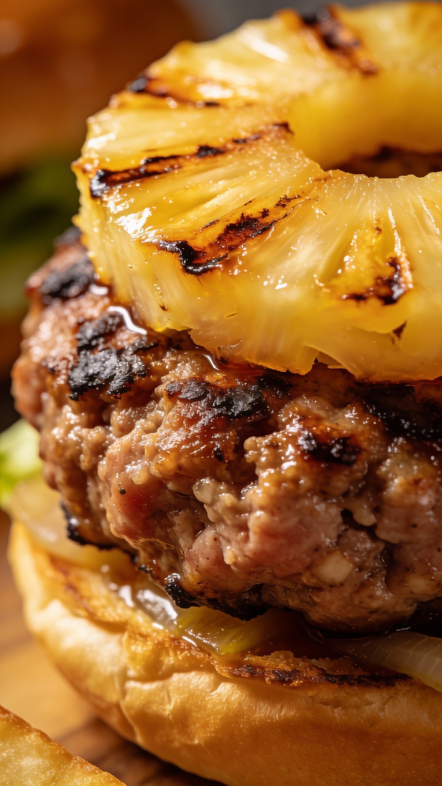 closeup Hawaiian keto burger patty topped with grilled pineapple