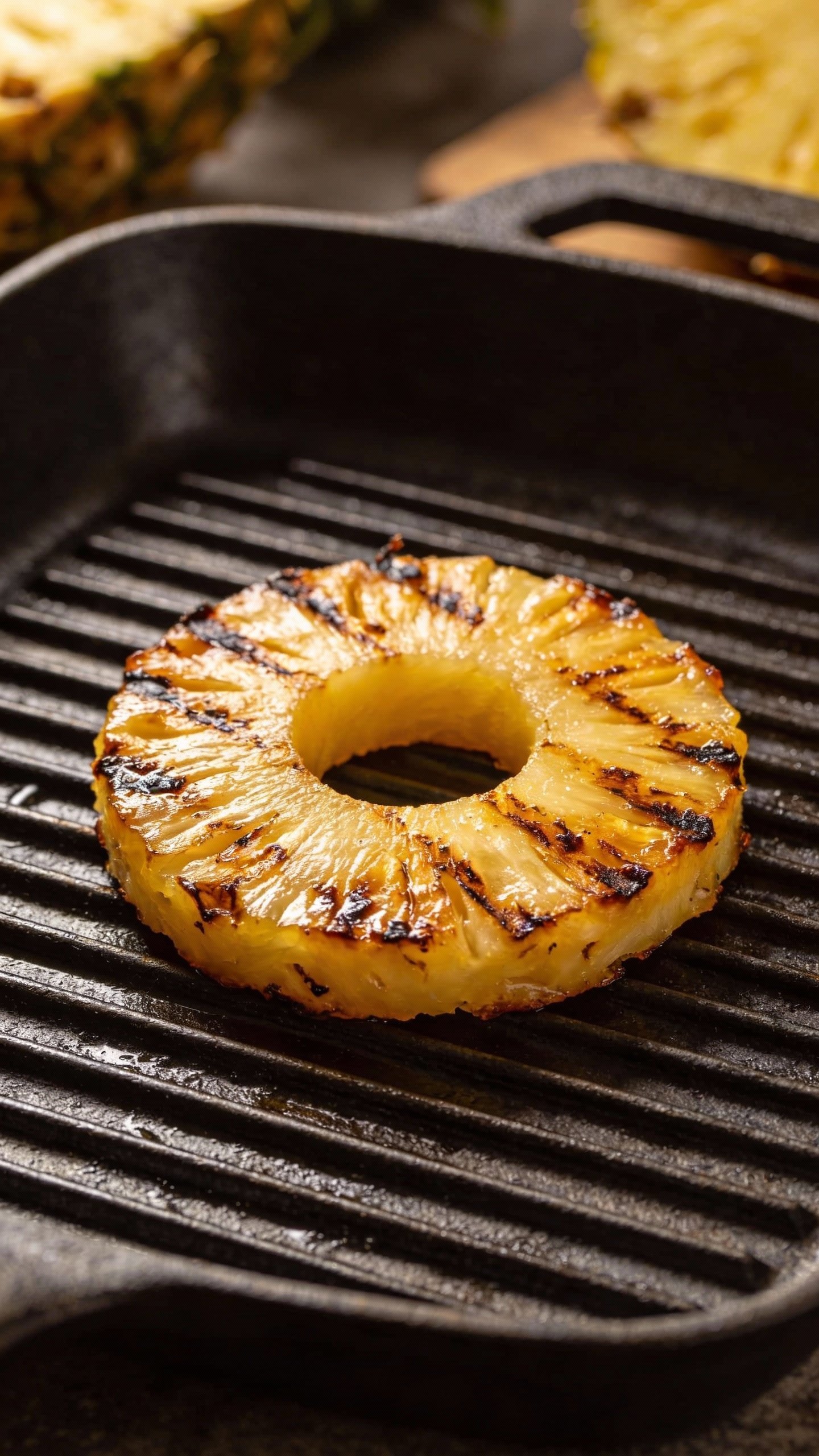 single grilled pineapple ring with char marks on cast-iron