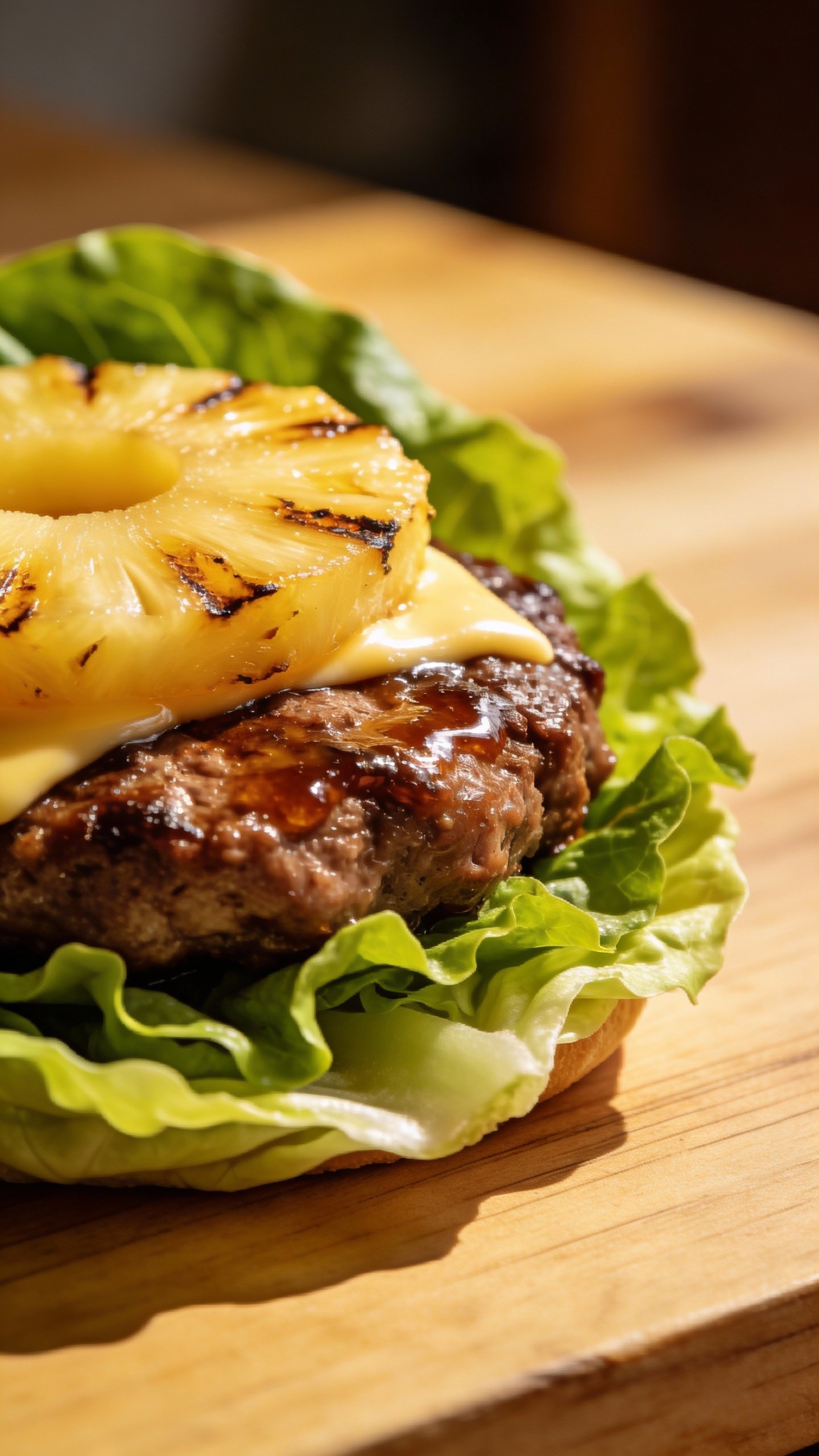 lettuce-wrapped Hawaiian keto burger with glossy beef patty