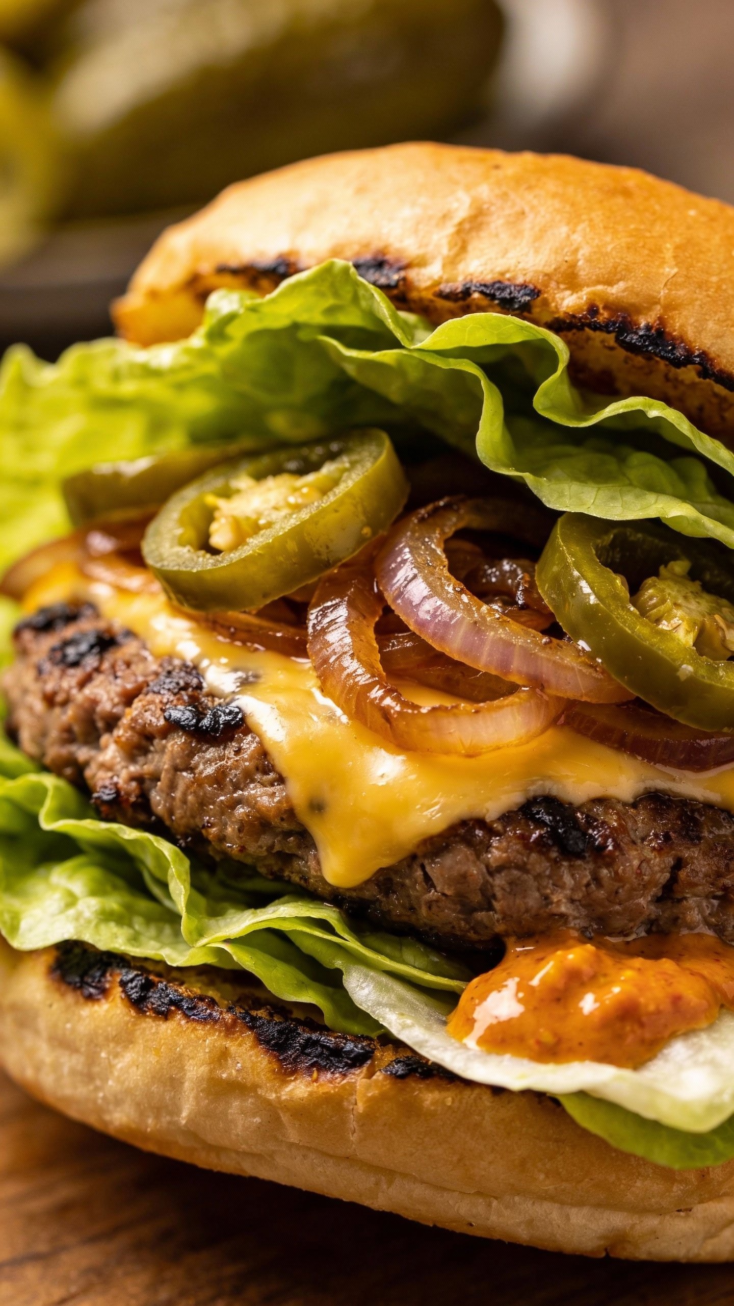 closeup spicy jalapeño keto burger in lettuce wrap