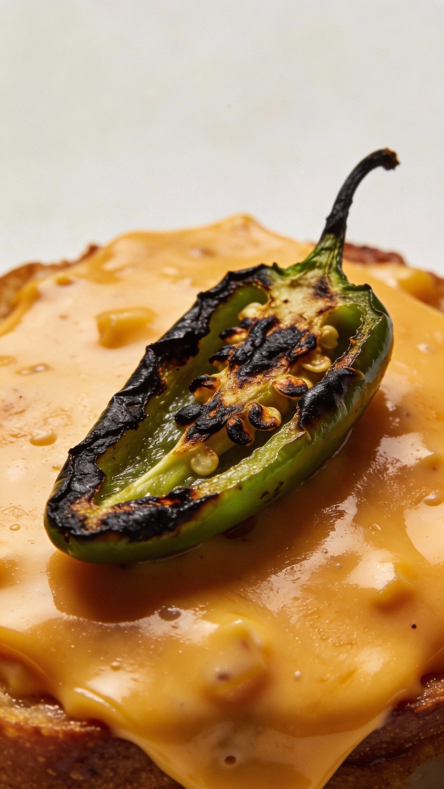single charred jalapeño slice atop melted cheddar