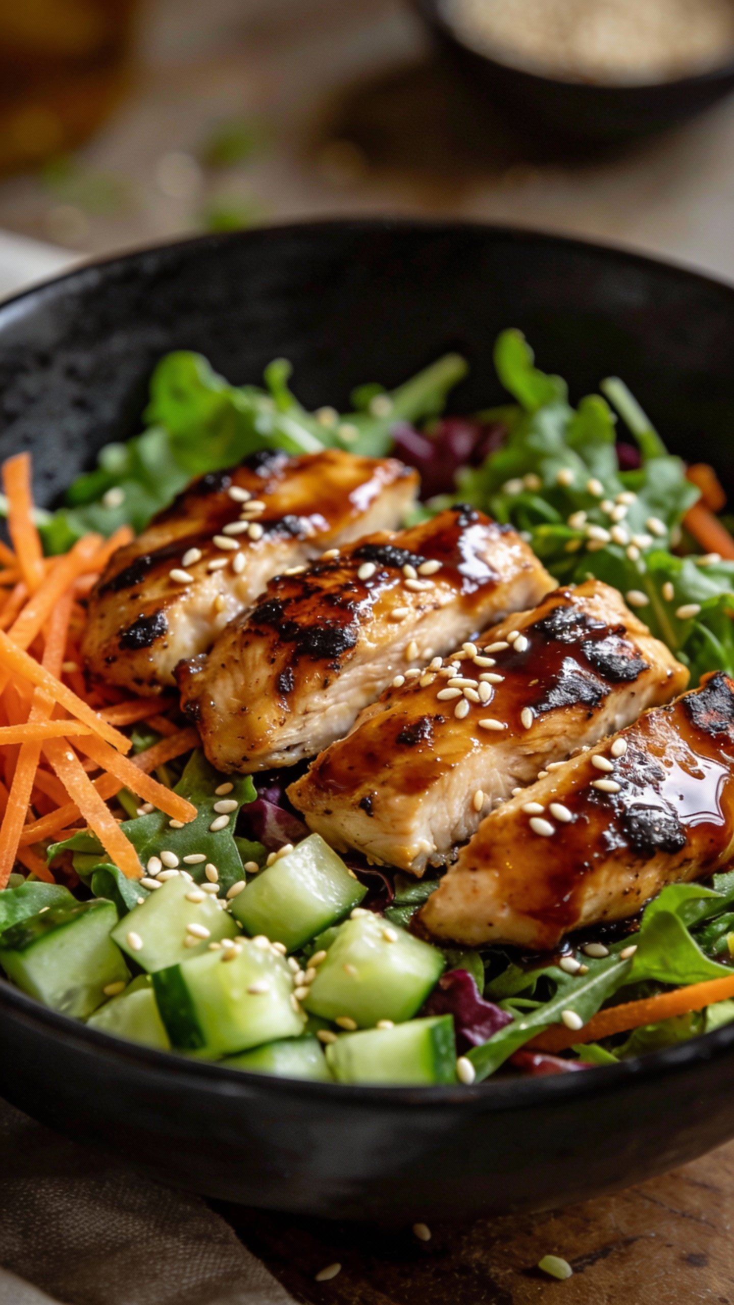 closeup teriyaki chicken salad in matte black bowl