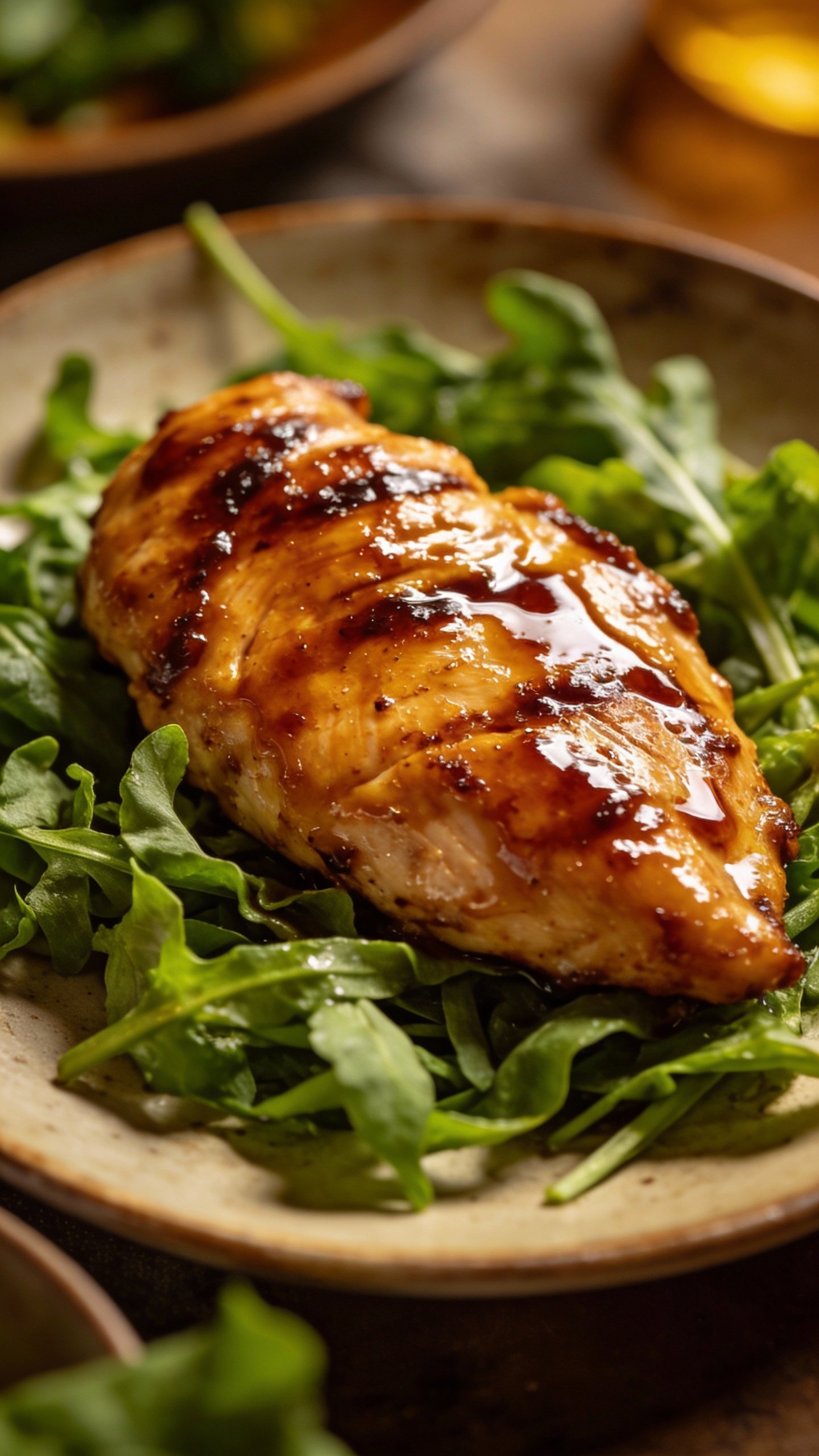 glossy teriyaki-glazed chicken breast on greens, overhead