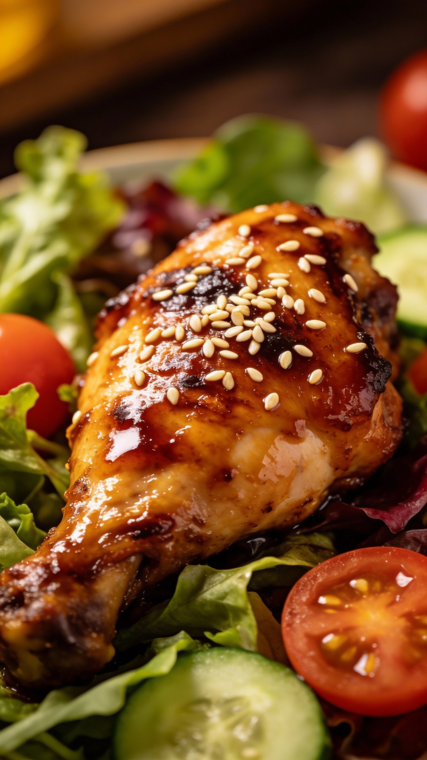 sesame-topped teriyaki chicken thigh on mixed salad, closeup