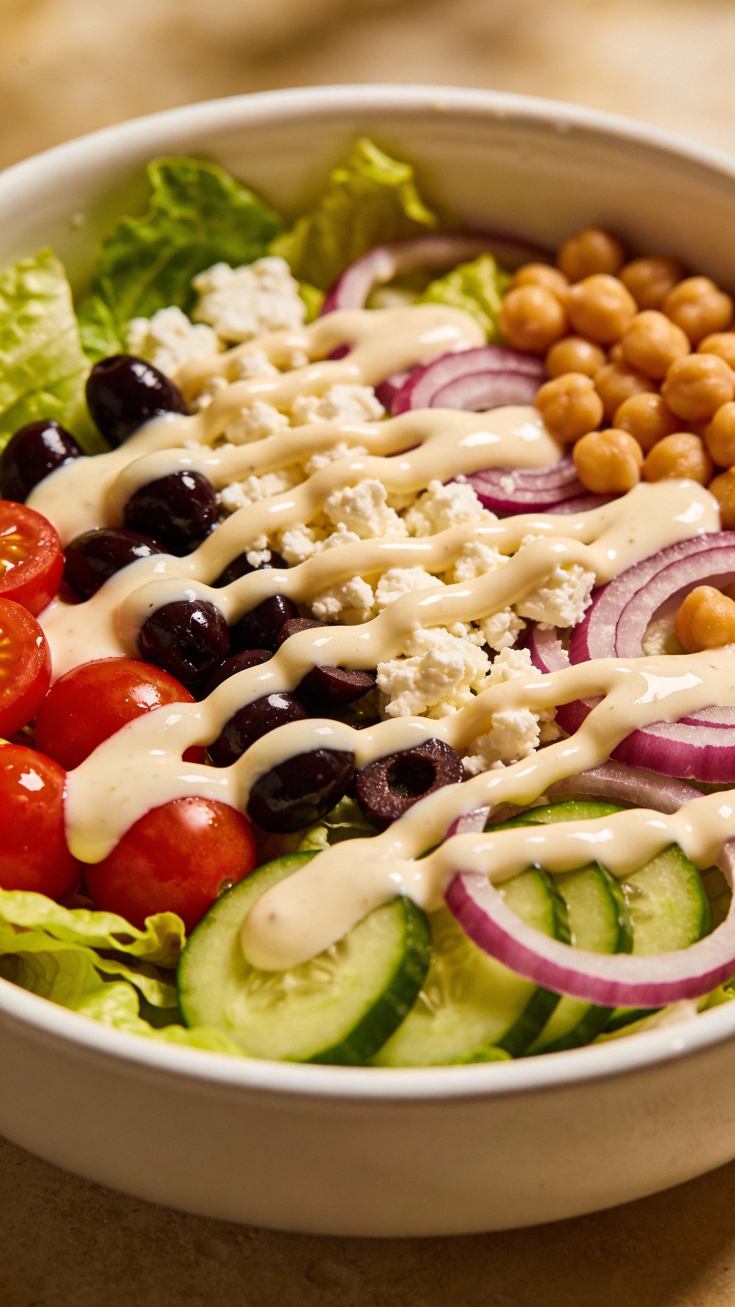 closeup bowl of Greek power salad with yogurt dressing drizzle