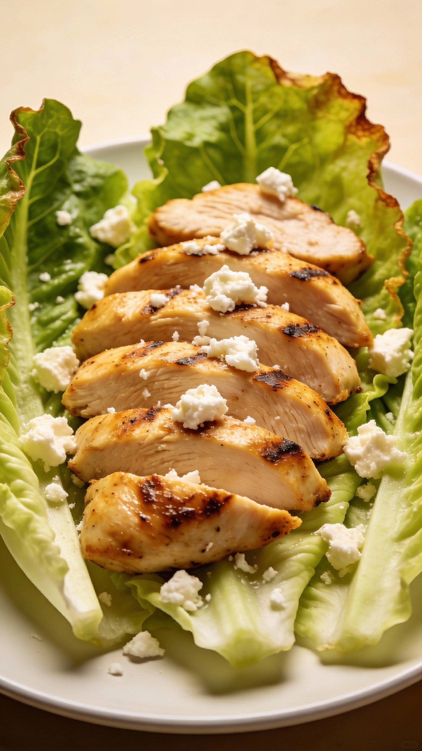 grilled chicken breast slices on romaine with feta crumbles