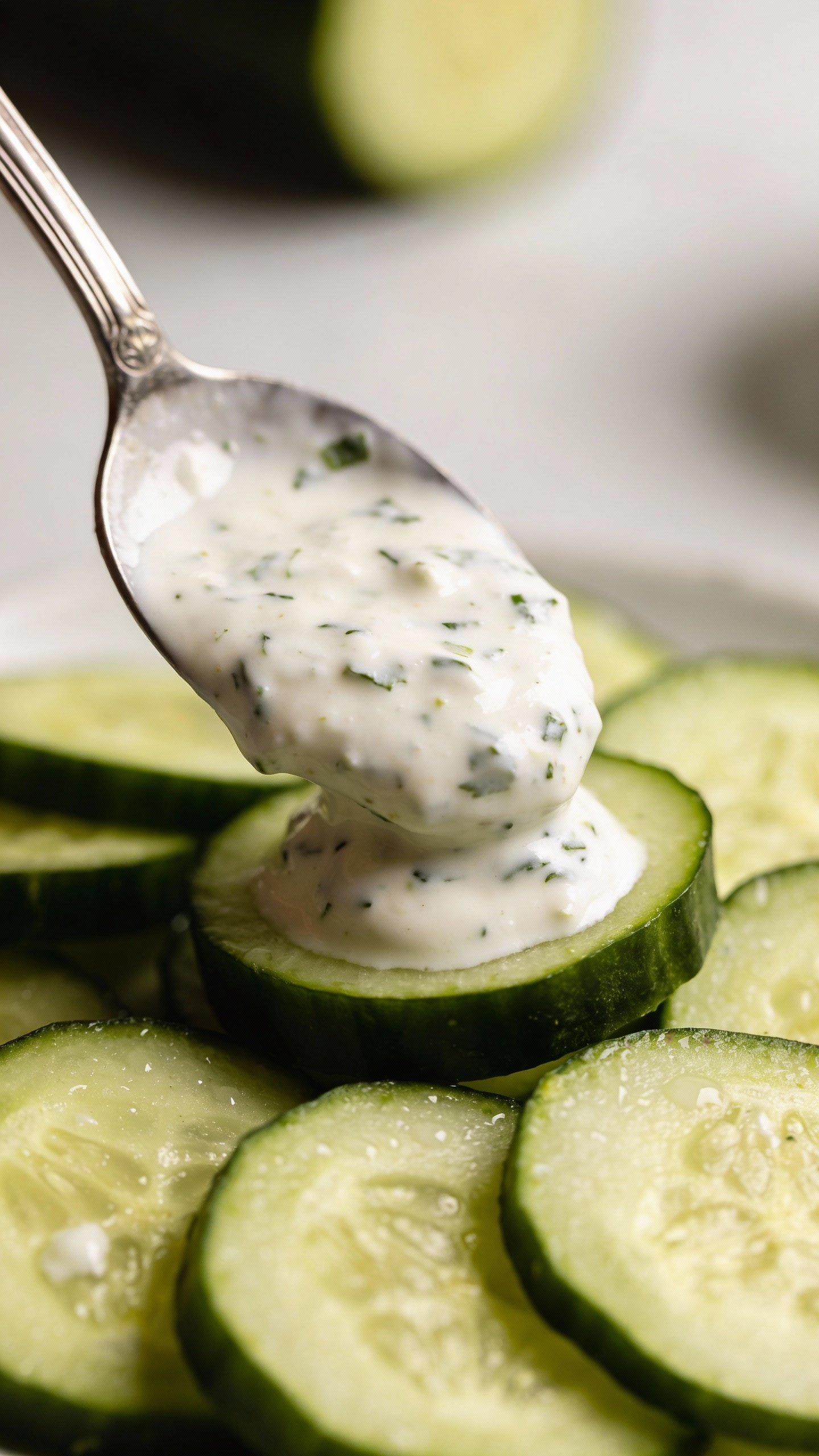 spoonful of creamy Greek yogurt herb dressing over cucumbers