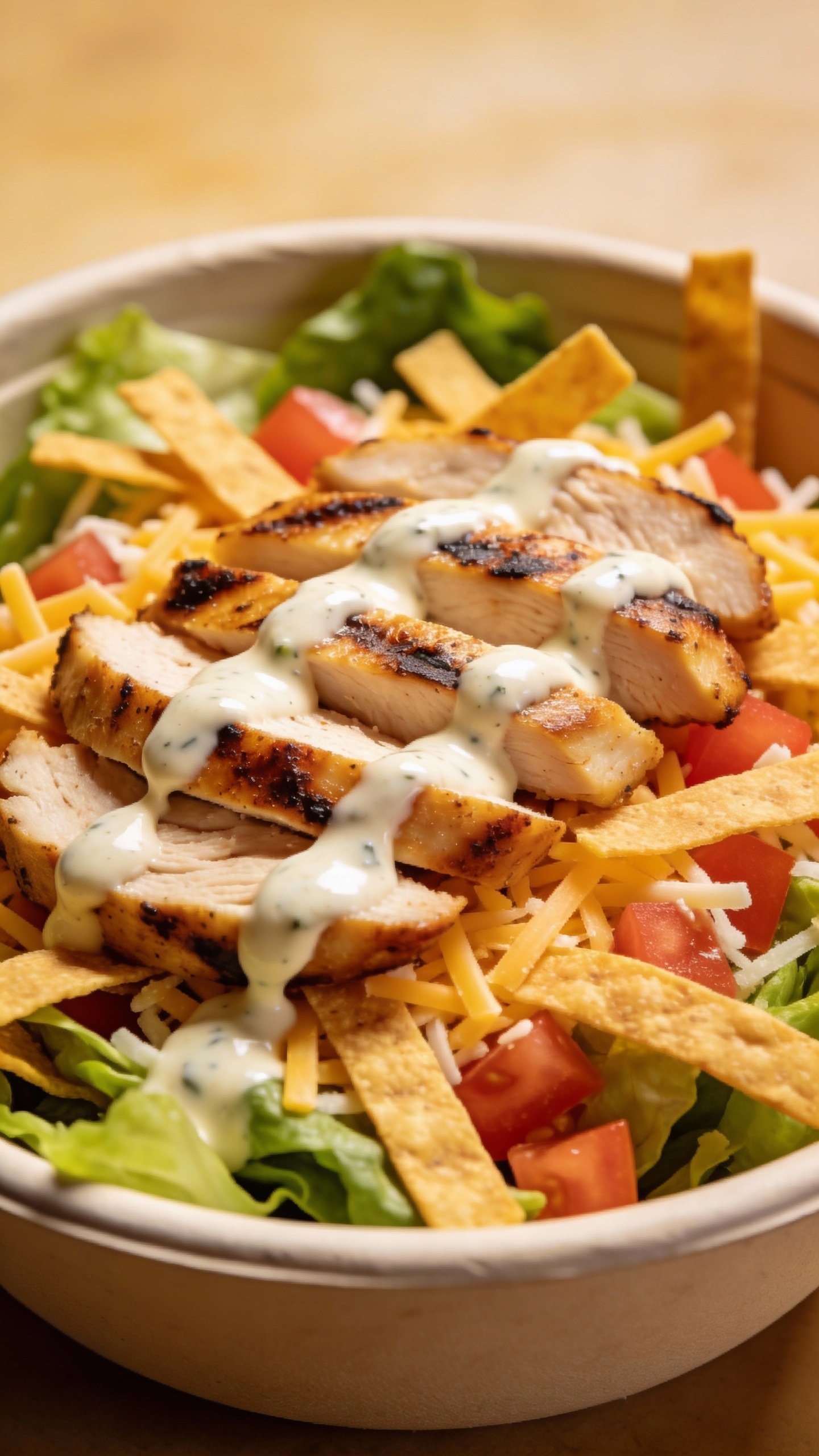 closeup taco ranch salad bowl with grilled chicken slices