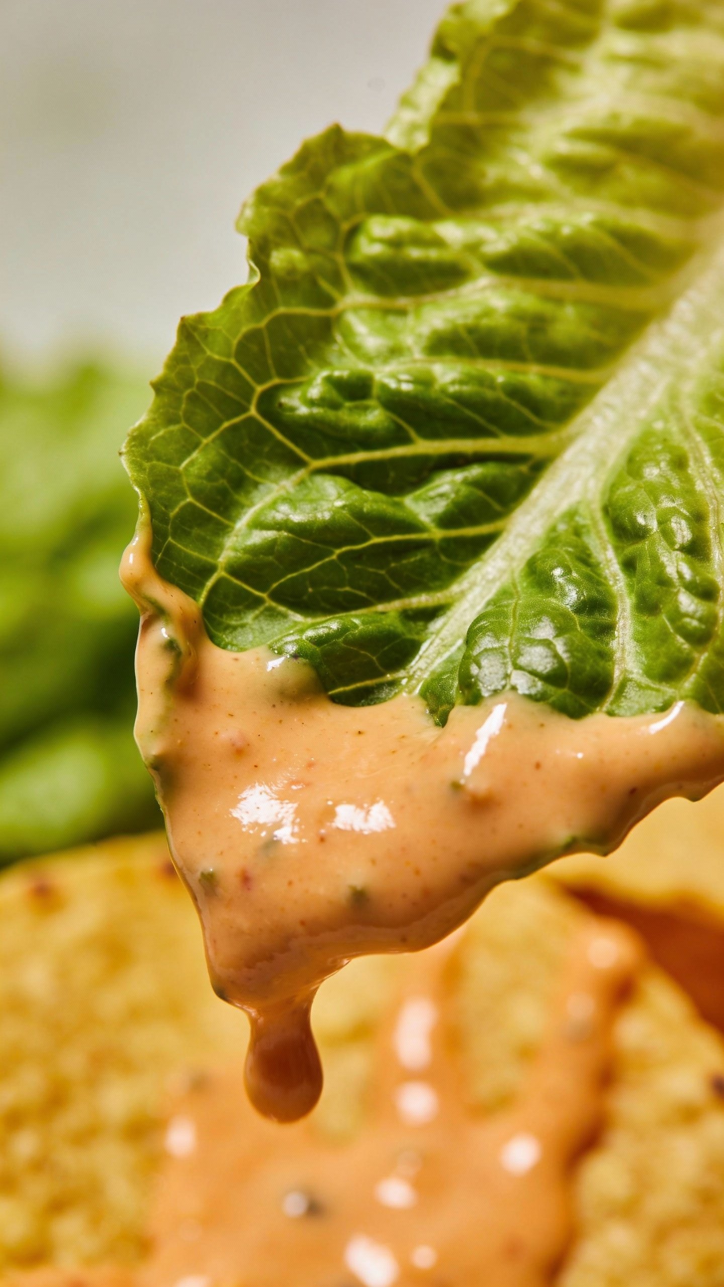 single romaine leaf dripping taco-ranch dressing, macro shot