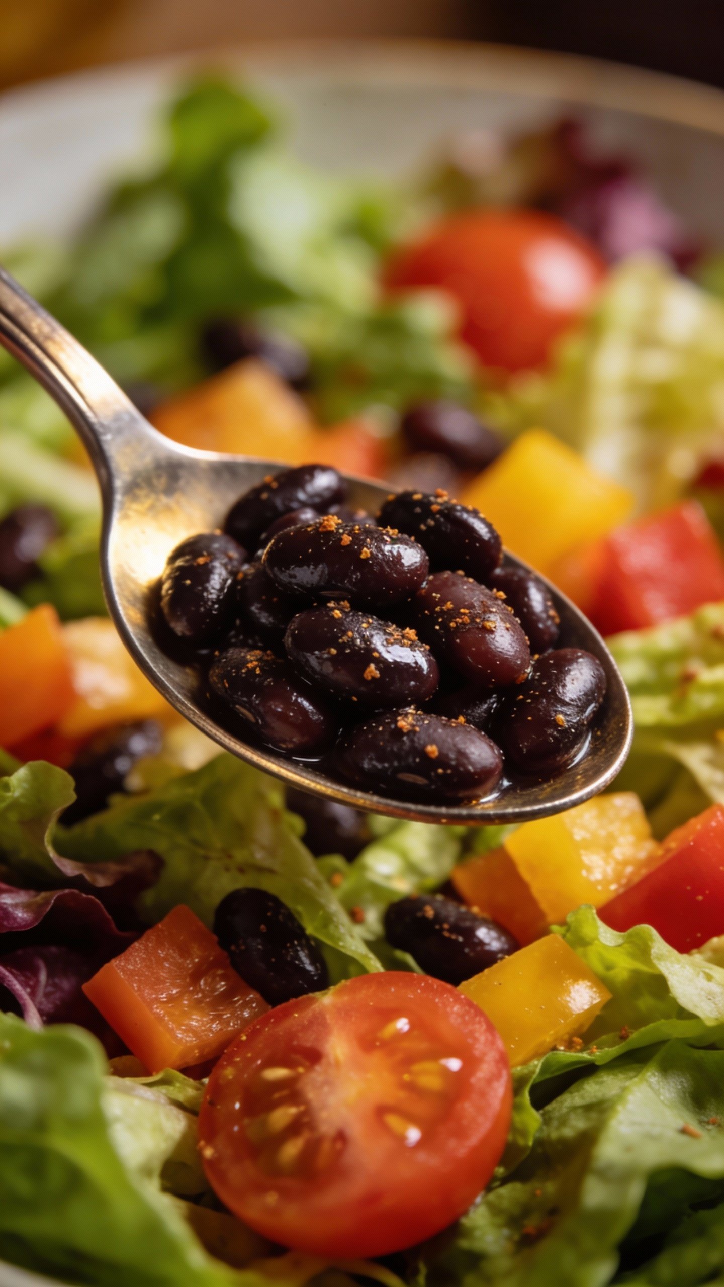 seasoned black beans on spoon over salad, shallow depth