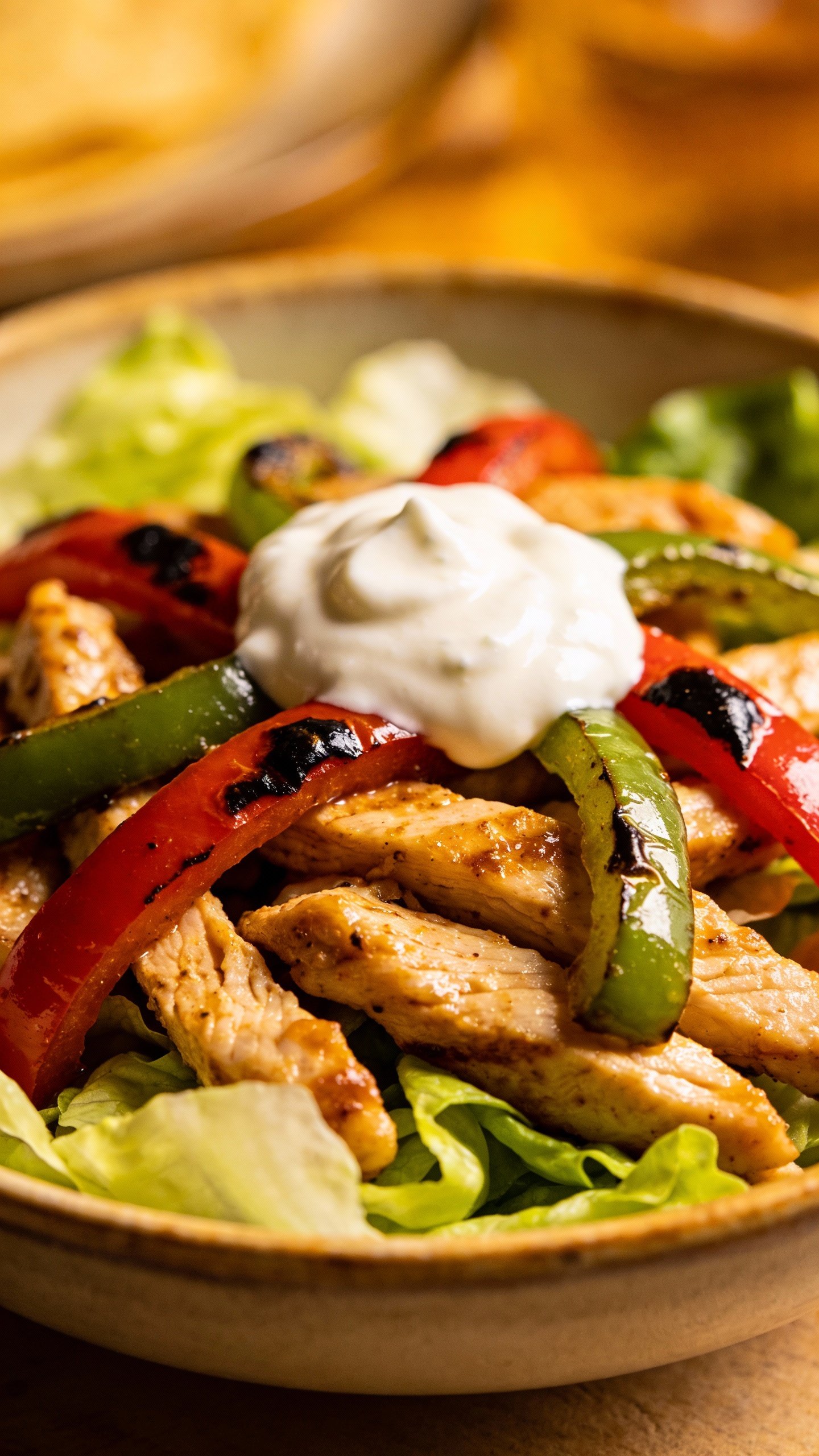 closeup bowl of fajita chicken salad, charred peppers, crema